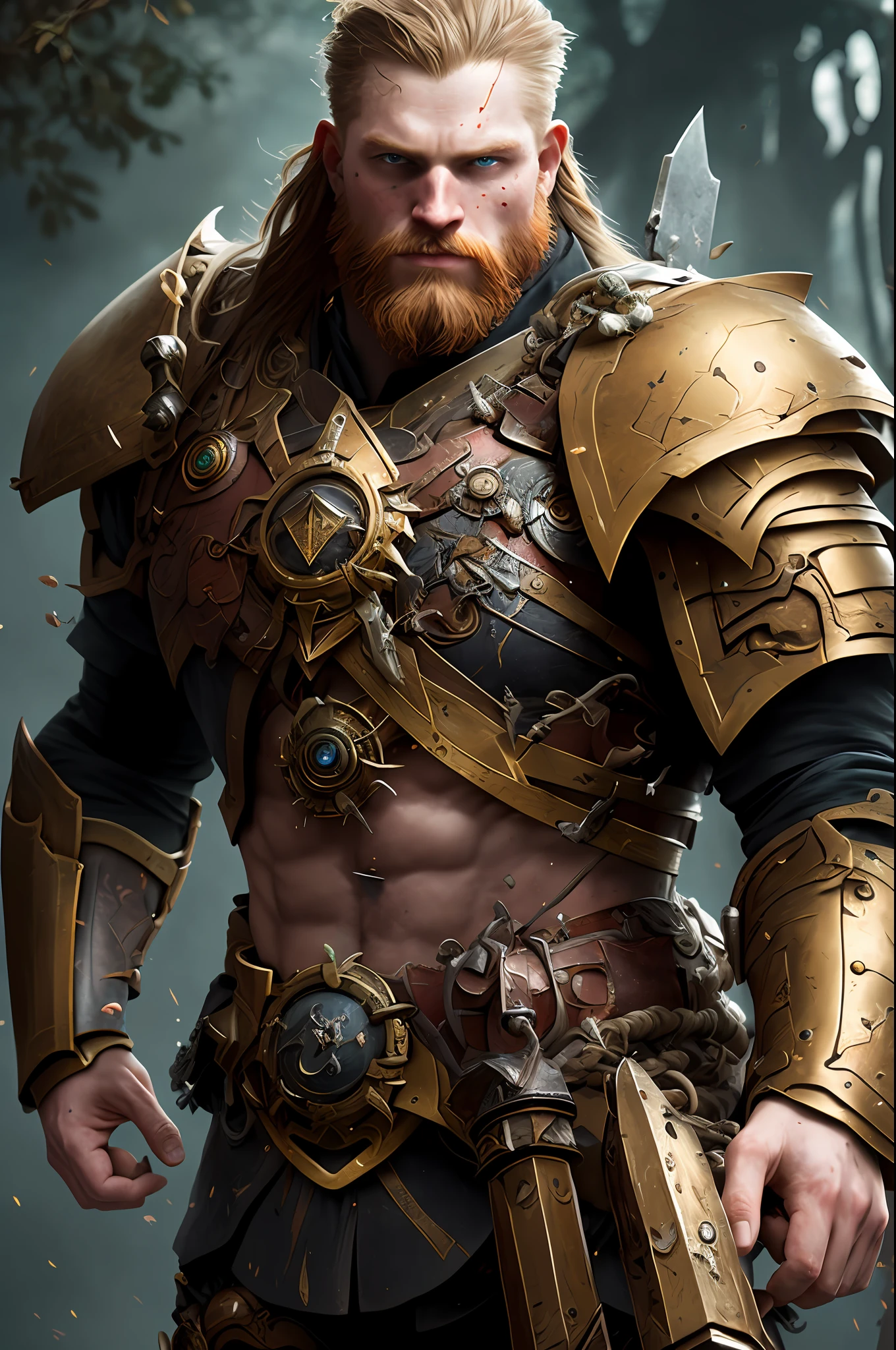 One (full body: 1.3) shot with 8k resolution, splash art, fantastic comic book style, photorealistic, intense visual, anatomical portrait of photorealistic digital painting of a young red-haired Viking man: 1.3) human (warrior: 1.3) in intricate black and gold (heavy armor: 1.3) in one (dark and temperamental universe: 1.3), particle of light, very detailed skin, samurai,  Very detailed eyes, (Elden Ring style: 1.3), (Warhammer style: 1.1), conceptual artist, global lighting, depth of field, splash art, art by Artgerm and Greg Rutkowski and Viktoria Gavrilenko
