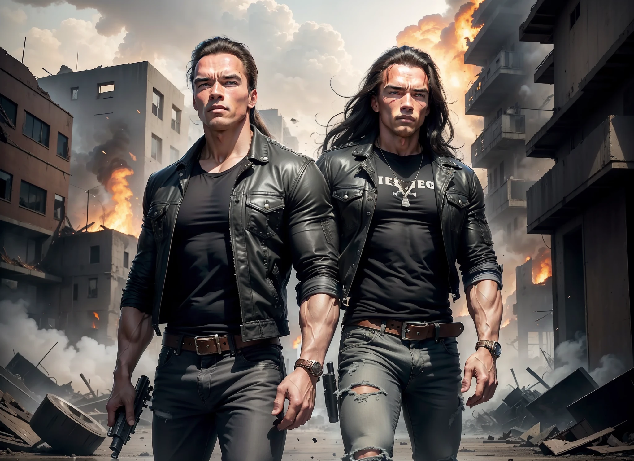 young Arnold Schwarzenegger, long black hair, jeans, long jacket, gray t-shirt,1 belt, holster, rivets, only 1 person, big gun in hands, in ruins, explosions behind, fire behind, front view