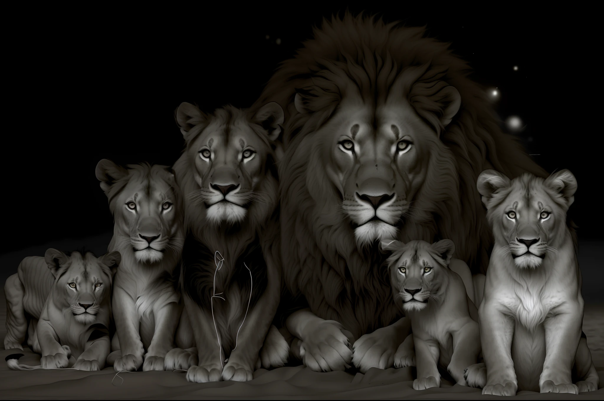 High-contrast black and white photograph of a realistic family of lions posing for the photo. (((Realistic hairs))), observant eye, intricate details, ((black background))) sand floor. Realistic details, UHD,