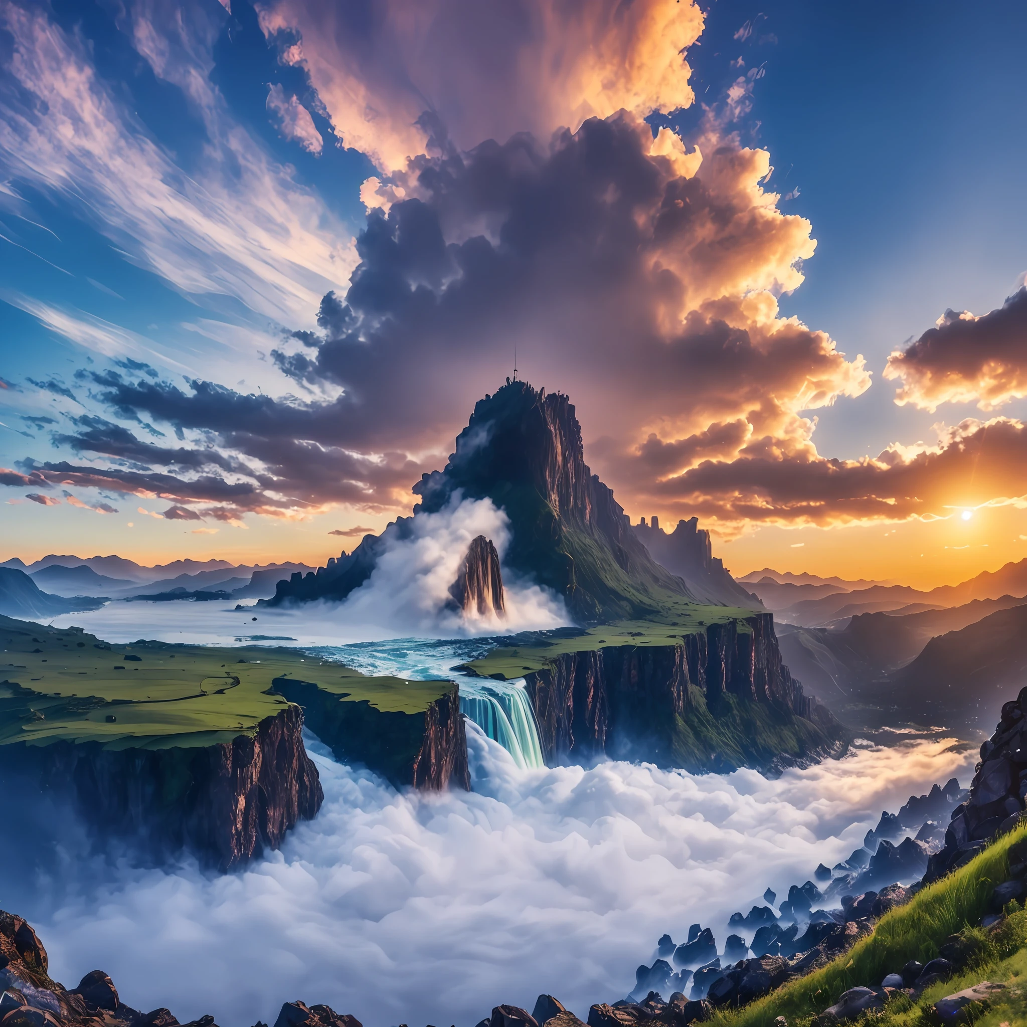 (8k, RAW photo, photorealistic:1.25) ,on the mountain, see waterfall, sunset, humanoid cloud, Verism, ray tracing, panorama, ultra wide angle, ultra hd, masterpiece, super detail, best quality, earth \(planet\),