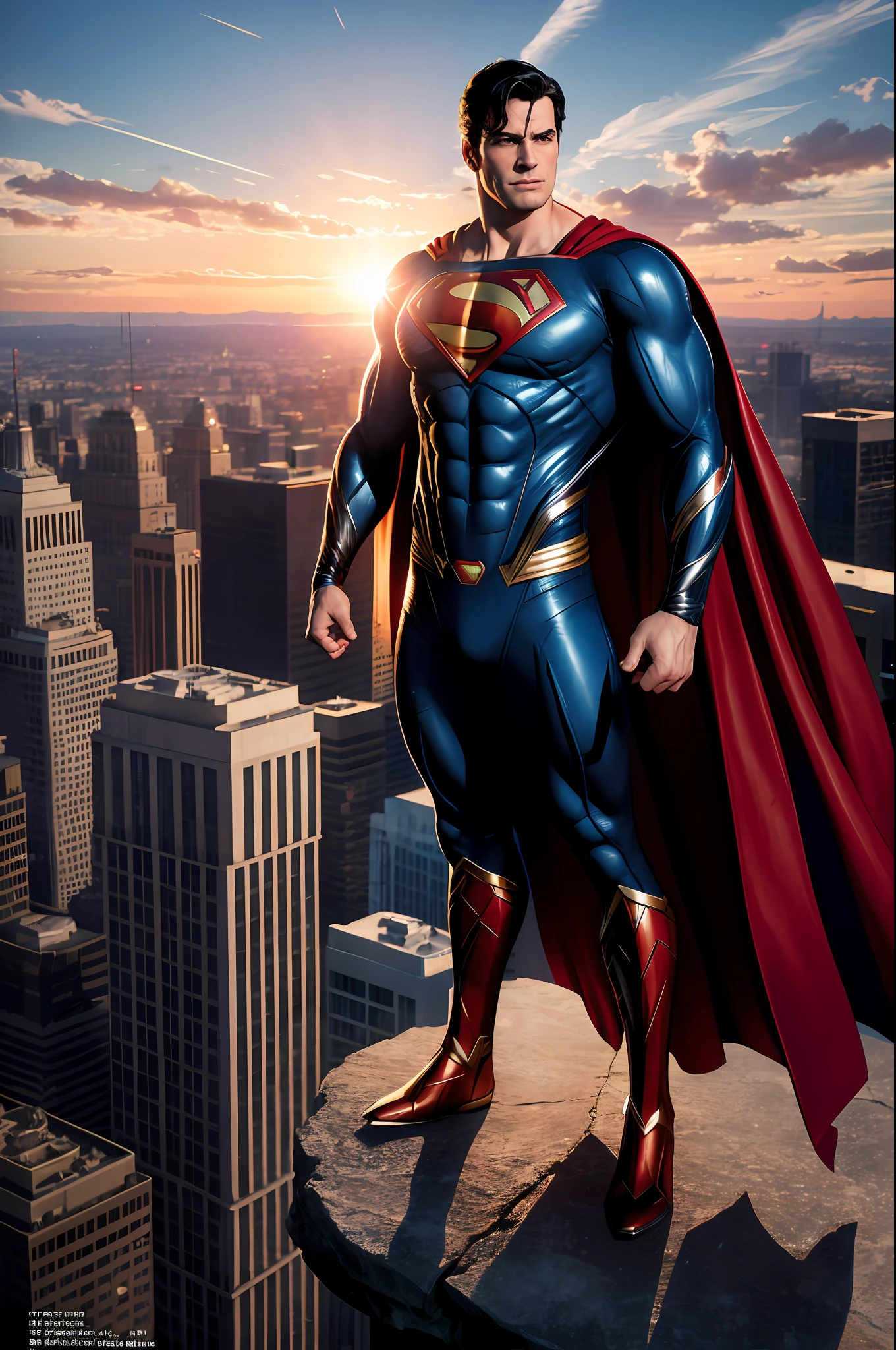 DC Comics, Superman, full body, tall building, sunset, perfect cover, realistically, dynamic lights, old, full footage, (extremely detailed 8k wallpaper from CG unit), trend in ArtStation, trend in CGSociety, high detail, sharp focus, dramatic, photorealistic.