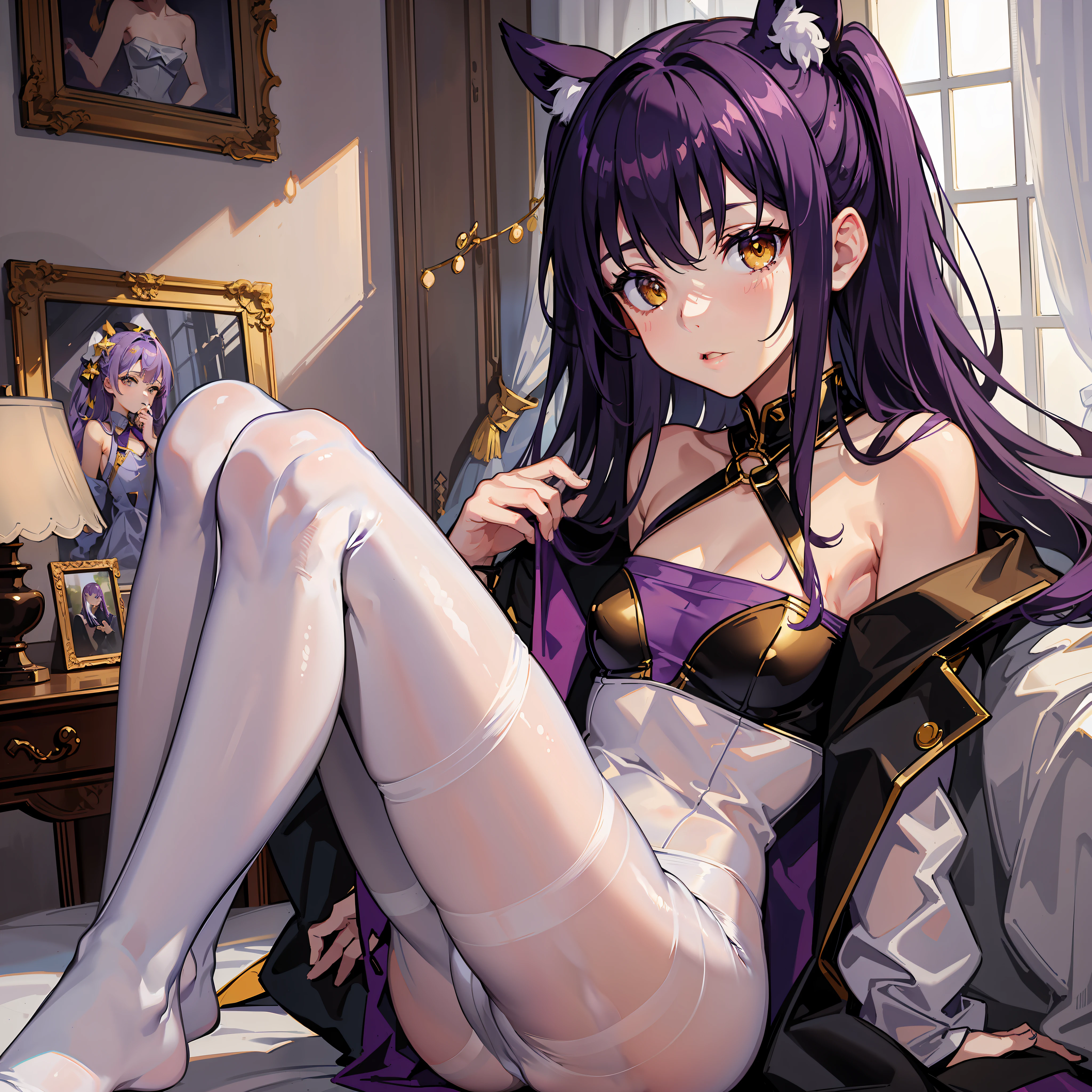 masterpiece,best quality,highres,
1girl,,feet focus,purple hair,flat chest,yellow eyes,empty eyes,shy face,open clothes,((white pantyhose)),
room background,