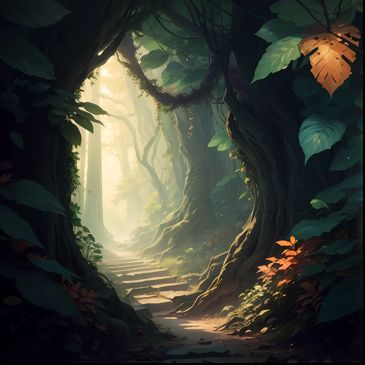 corridor of dark trees, with giant plants, fanciful forest --auto --s2