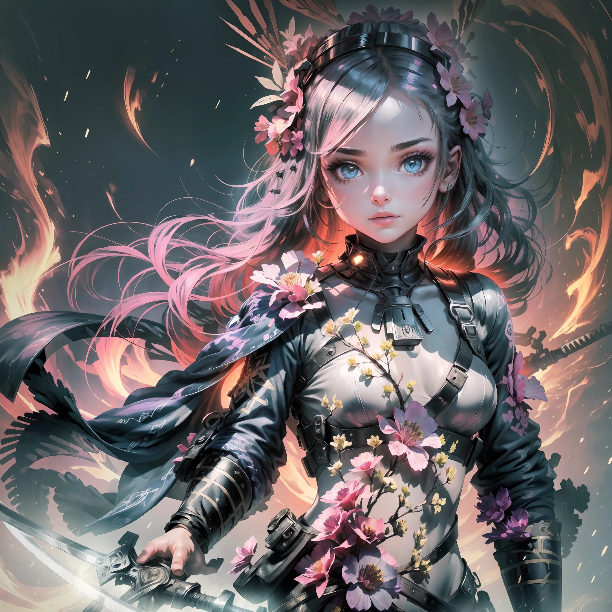 (Masterpiece, Top Quality, Best Quality, Beauty and Aesthetics: 1.2), (1 Girl: 1.1), Glowing Eyes, Extreme Details, (Color: 1.1), (Color Background 1:1), (#ff311f: 1.5), (#f08432: 1.2), Supreme Detail, Weapon, Gripping Weapon, Sword, Knife, (Glowing Weapon), Detailed Background, Fire: 1.2, Flowers: 1.2, Masterpiece, 8K