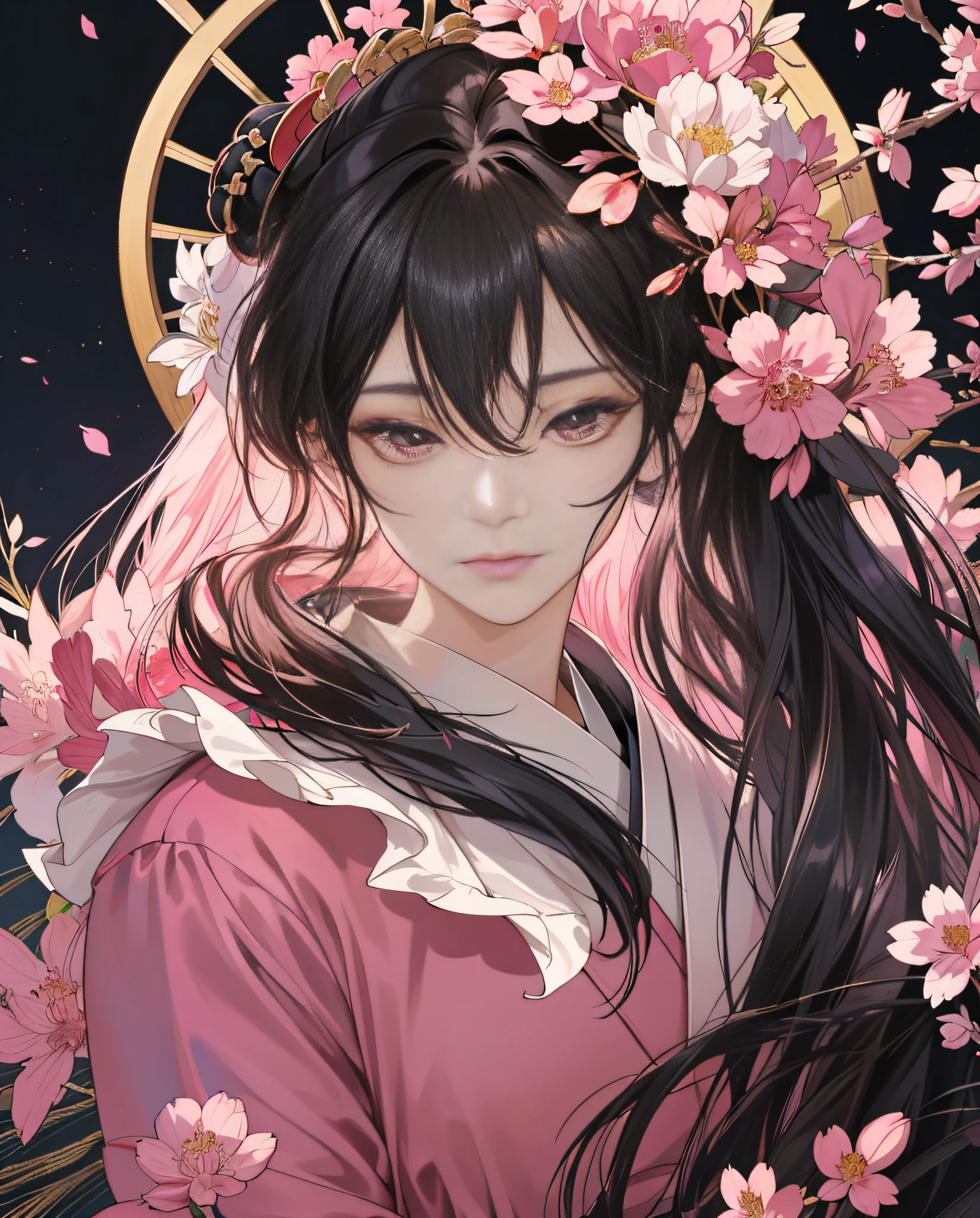 (Extremely Delicate and Beautiful:1.2), 8K ,(Masterpiece:1.0),(best_quality:1.0), 1girl, Geisha with flowing hair, pink kimono, complex details, enlarged textures, complex details, finely detailed eyes and detailed face, intricate details, black hair, (closed mouth), perfect eyes, equal eyes, (goddess), perfect body, extremely detailed (opus magnum).