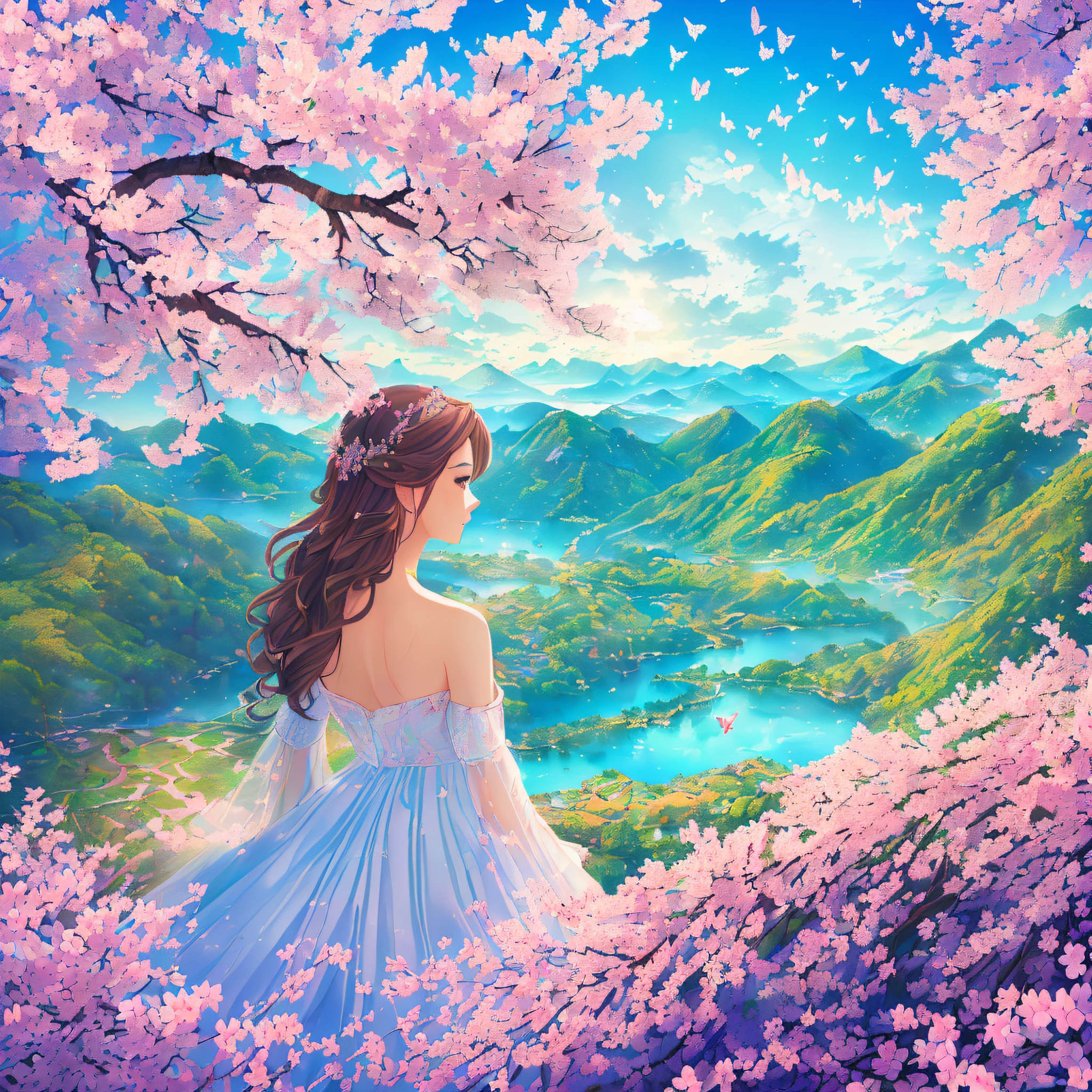 ((((Masterpiece)), complex landscape, best quality, high quality, extremely detailed CG Unity 8k wallpaper, landscape, outdoor, sky, sunset, clouds, sky, sky, mountain, landscape, water, tree, blue sky, waterfall, cliff, nature, lake, river, cloudy sky, award winning photography, bokeh, depth of field, HDR, floodlight, chromatic aberration , realistic, very detailed, art station trend, CG social trend, complex, high detail, dramatic, midway art, vast landscape, hill, a cherry blossom, a gazebo, A beauty, lots of butterflies, birds --auto --s2