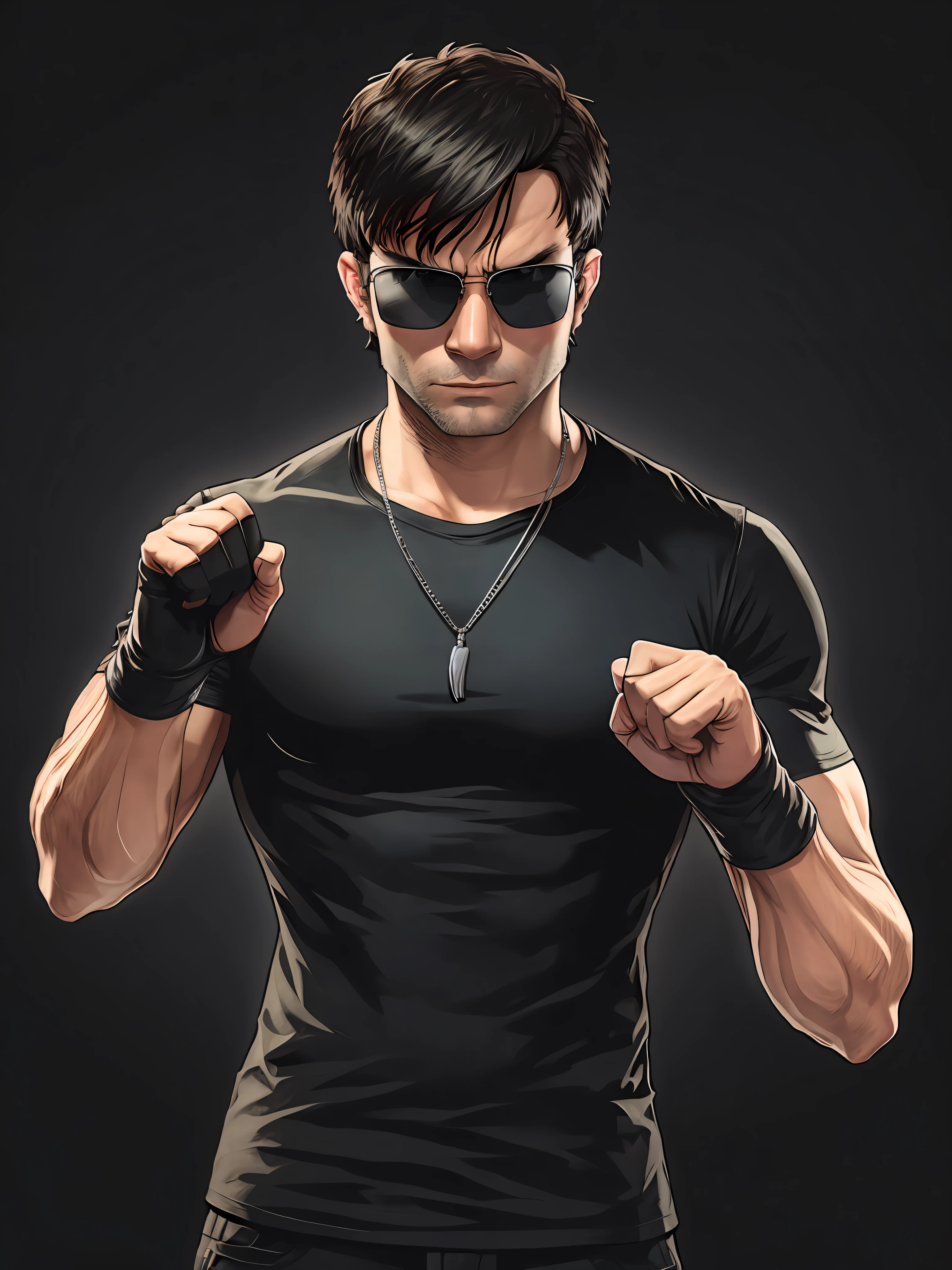 Single, Solo, Young Man, Medium Hair, Bangs, Sunglasses, Black T-Shirt, Muscles, GTA5, Open Finger Gloves, Fighting Pose, Simple Black Background, Silver Necklace