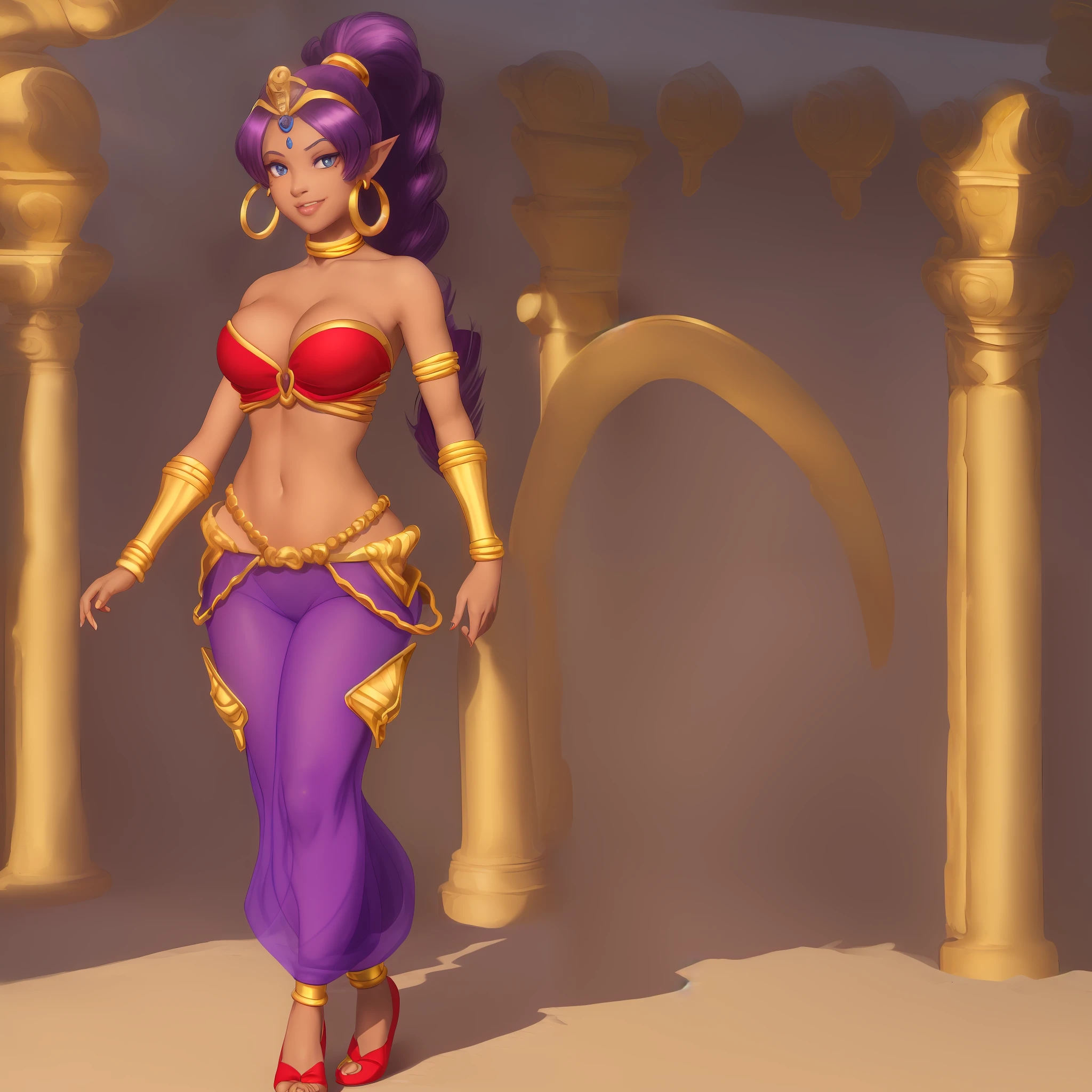 [Shantae], ((High definition)), ((detailed shading)), ((beautiful solo portrait)), ((1girl)), ((full body)), ((raw photo)), ((semi-realistic)), ((anime girl)), {attractive; (brown skin, (purple hair; long ponytail), (beautiful blue eyes), (excited expression; white teeth), (red harem pants; transparent), (midriff), (red arabian shoes), (gold bracers, gold tiara, gold hoop earrings, choker), curvaceous hips, beautiful lips}, (standing; looking ahead, dynamic pose), [background; arabian city, sunny, buildings, sun rays], (well drawn hands)