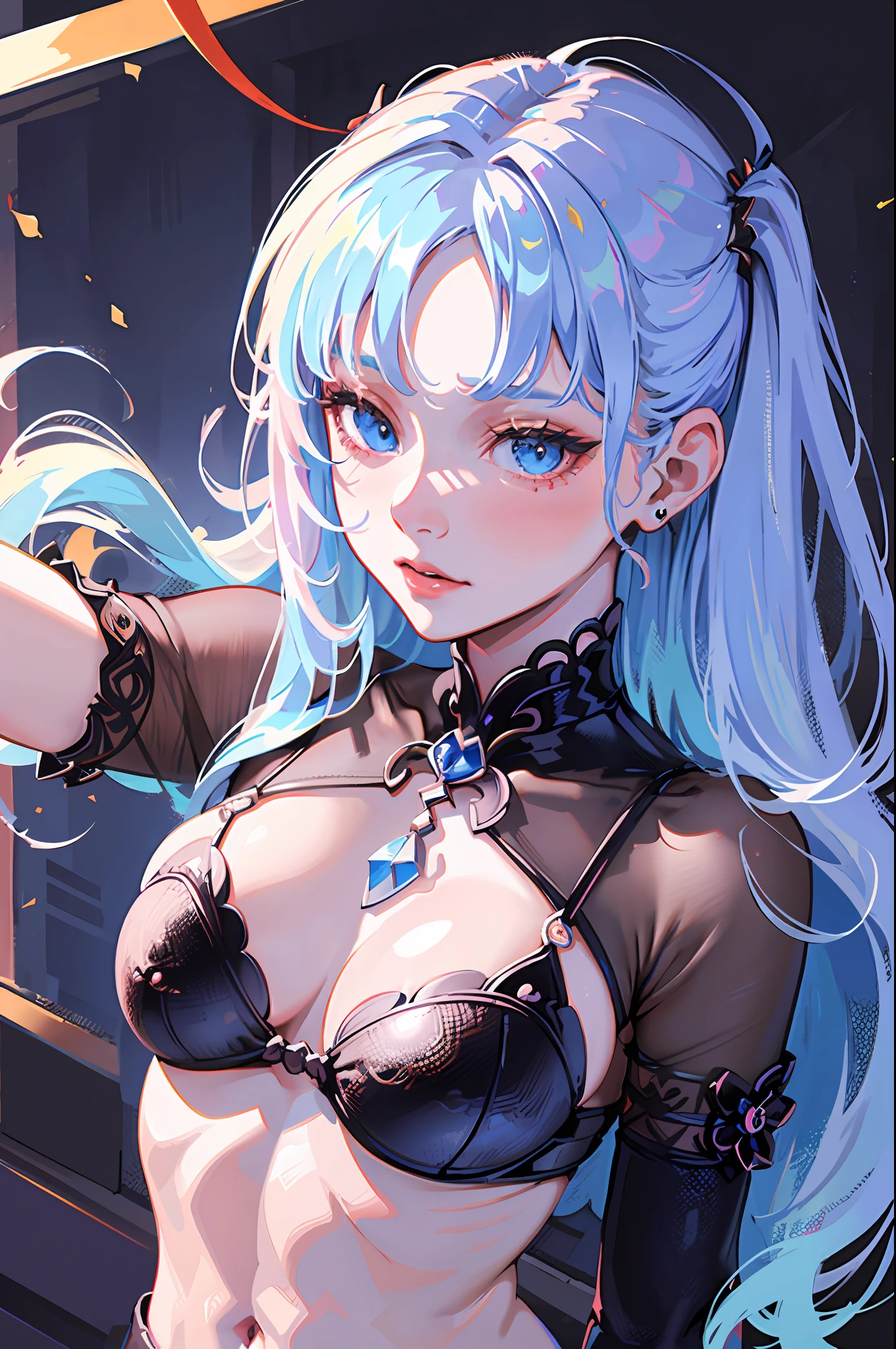 absurdres, 1girl,medium breast, star eye, blush, (realistic:1.5), (masterpiece, Extremely detailed CG unity 8k wallpaper, best quality, highres:1.2), (ultra_detailed, UHD:1.2), (pixiv:1.3), perfect illumination, distinct, (1girl:1.4), (bishoujo:1.2), looking at viewer, unreal engine, sidelighting, perfect face, detailed face, bangs, perfect body, beautiful eyes, pretty face, (bright skin:1.4), idol, (abs), ulzzang-6500-v1.1, (navel), ruins, dark place, night, dark aura, close-up, selfie, (blood on face:1.4), (evil smile:1.1)