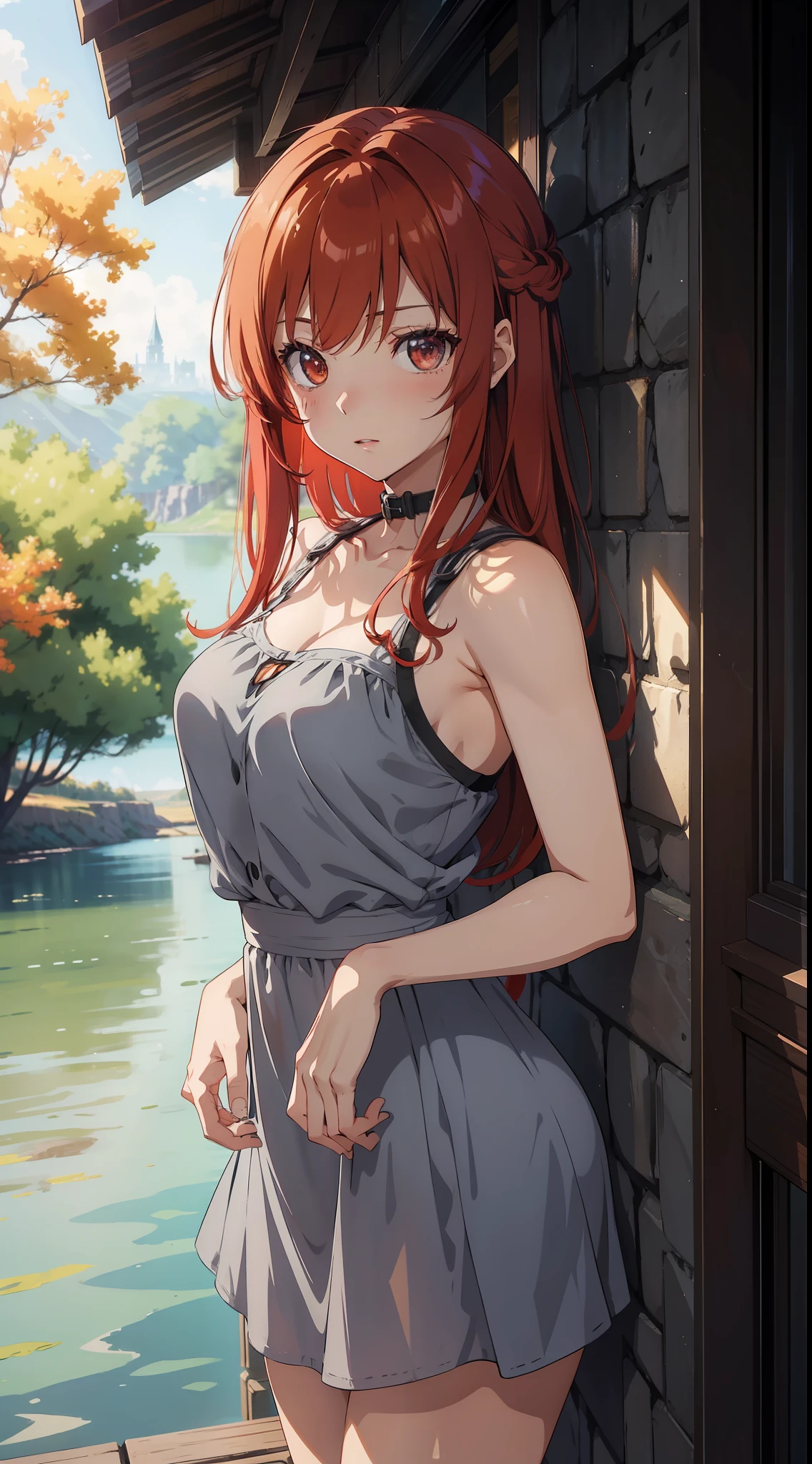 Masterpiece:1.5, best quality, best lighting and shadows, hdr, 8k, anime style, inspired by sword art online, 1 woman, Tiese Shtolienen, beautiful, red hair with side bangs, provocative gray dress, looking at the viewer, blushing, on the edge of a beautiful lake, summer, illuminated day, oaks
