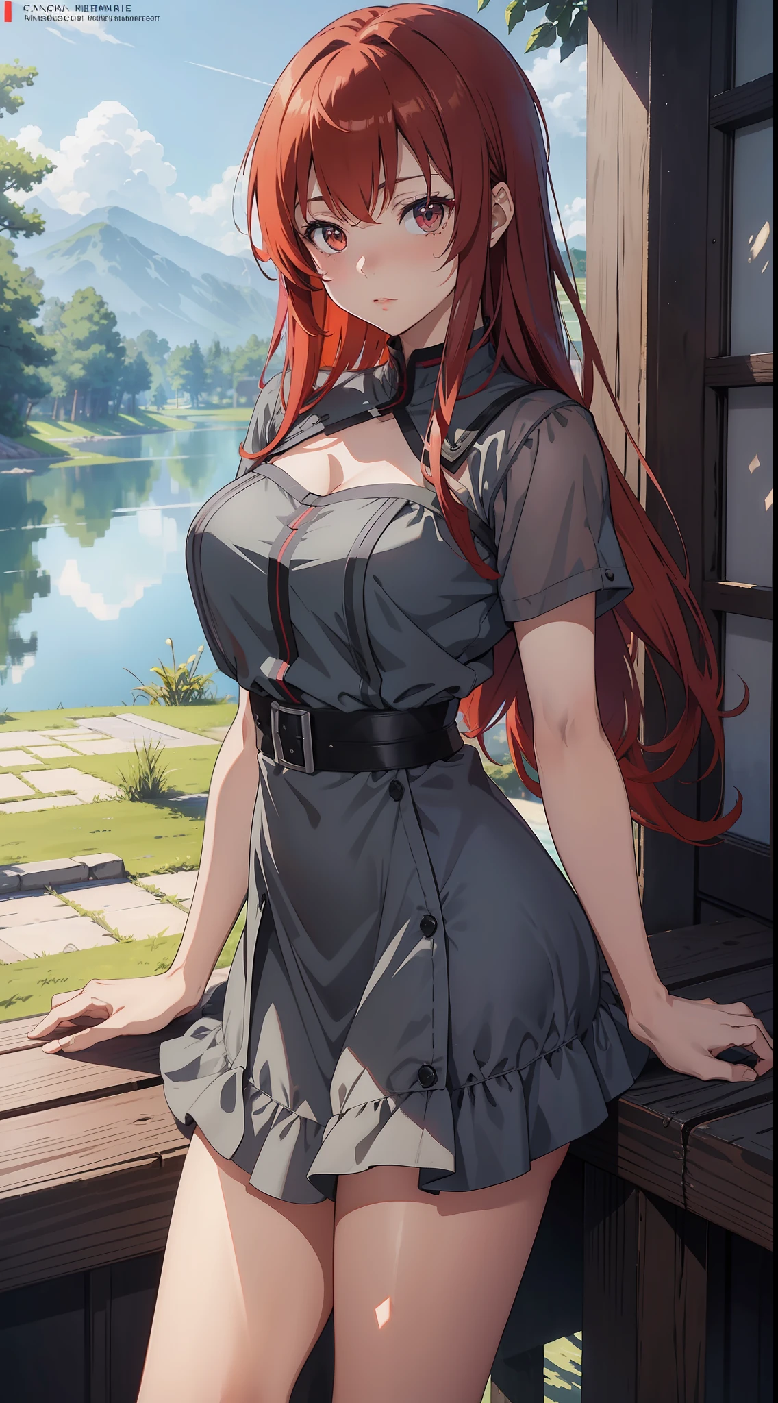 Masterpiece:1.5, best quality, best lighting and shadows, hdr, 8k, anime style, inspired by sword art online, 1 woman, Tiese Shtolienen, beautiful, red hair with side bangs, provocative gray dress, looking at the viewer, blushing, on the edge of a beautiful lake, summer, illuminated day, oaks