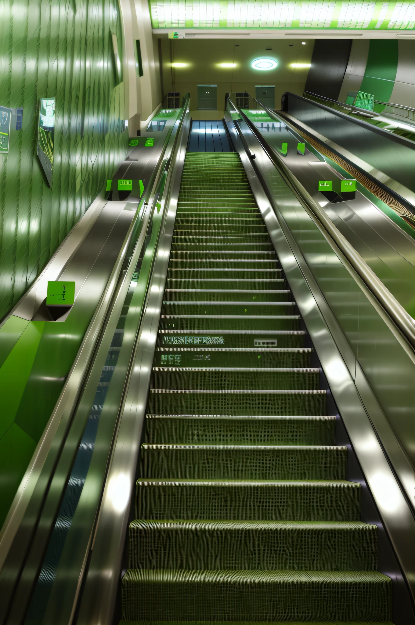 there is a long escalator with a green carpet and a blue carpet, escalators, green floor, looking downwards, green lines, the scary empty liminal spaces, ascending, stairs, metro, many floors, subway station, stairways, stairway, subways, upwards, endless hallways, platforms, leading lines, view from bottom to top