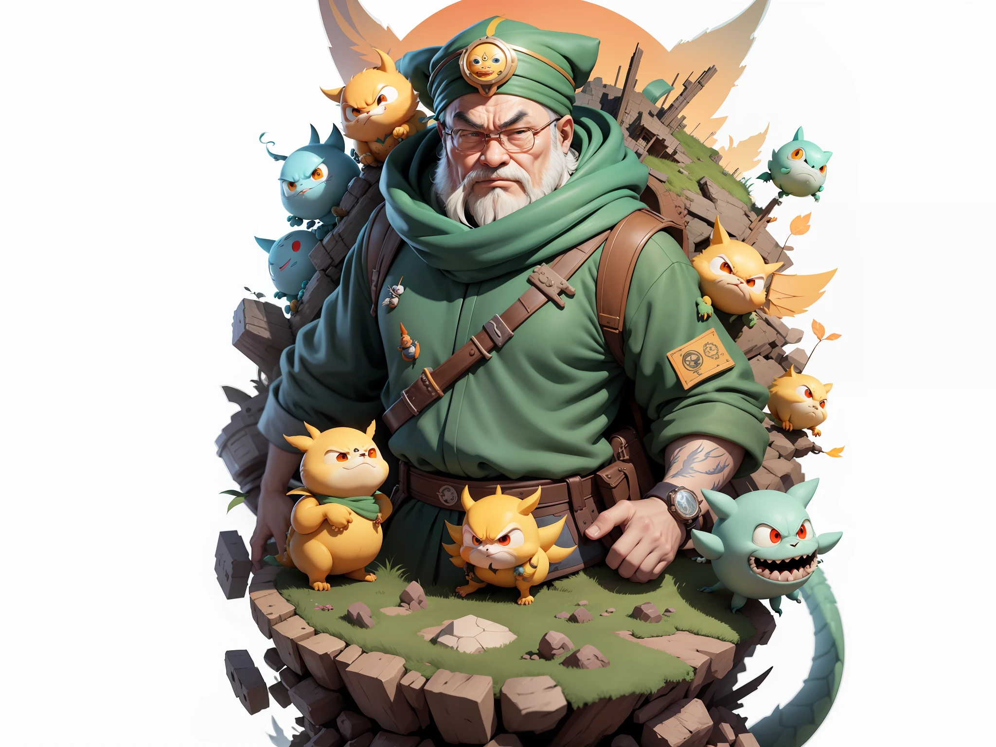 Aalfed man in headscarf and dragon shirt, Pengyin Yin J - Jiang Geping, Zeng Fanqian, Chen Xintong, Huang Huifeng, Liang Xing, Huang Guangjian, Leng Jun, Lin Xiang, Lin Qifeng, Luo Qisheng, Pan Chengwei, Wang Wei, Duan Xiang, Digital Painting, Mark Clairenden and Pixar and Hayao Miyazaki and Akira Toriyama 3D character design, the illustration is a 4K resolution HD illustration with very detailed facial features and cartoon style visuals.
