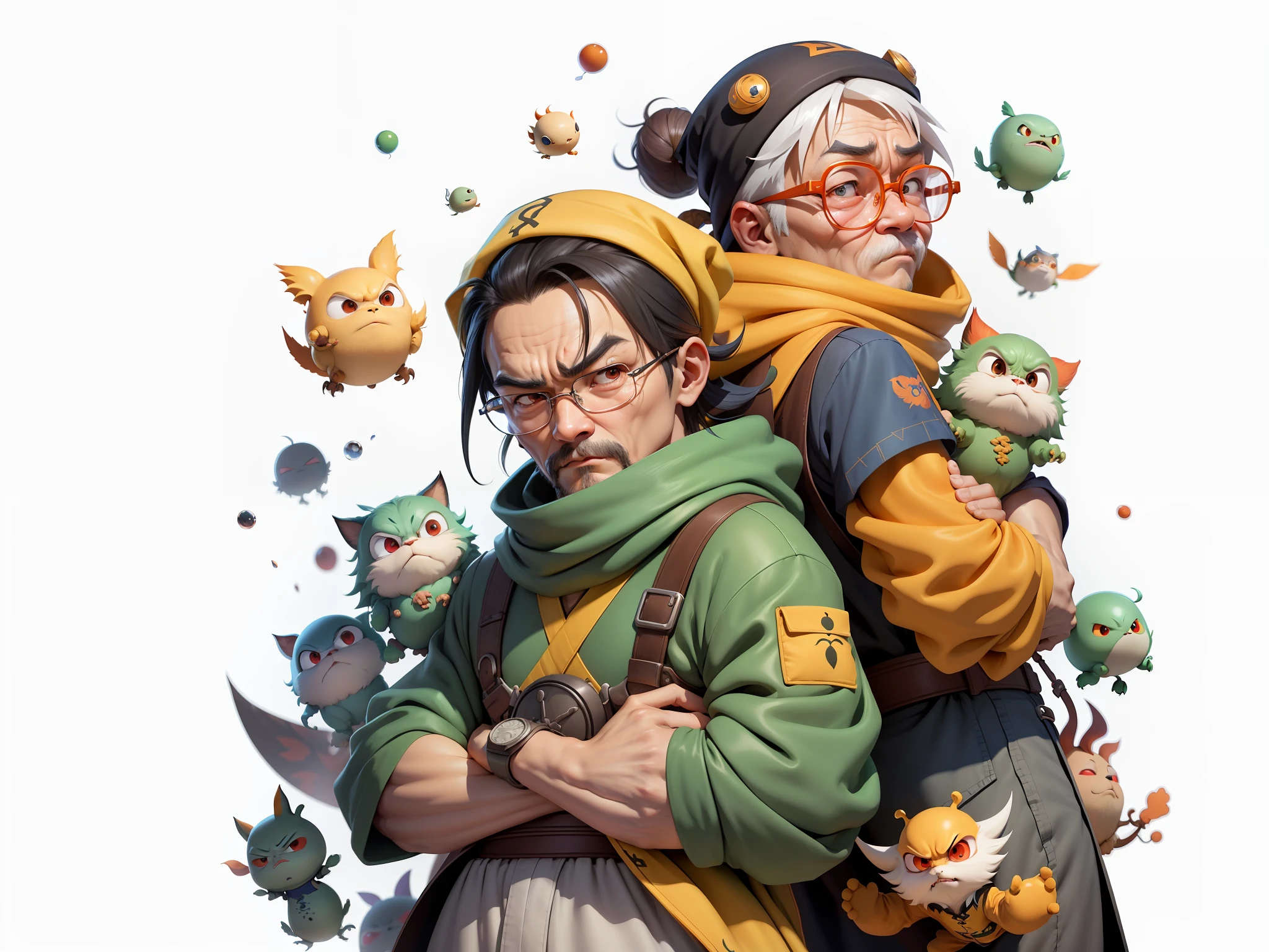 Aalfed man in headscarf and dragon shirt, Pengyin Yin J - Jiang Geping, Zeng Fanqian, Chen Xintong, Huang Huifeng, Liang Xing, Huang Guangjian, Leng Jun, Lin Xiang, Lin Qifeng, Luo Qisheng, Pan Chengwei, Wang Wei, Duan Xiang, Digital Painting, Mark Clairenden and Pixar and Hayao Miyazaki and Akira Toriyama 3D character design, the illustration is a 4K resolution HD illustration with very detailed facial features and cartoon style visuals.