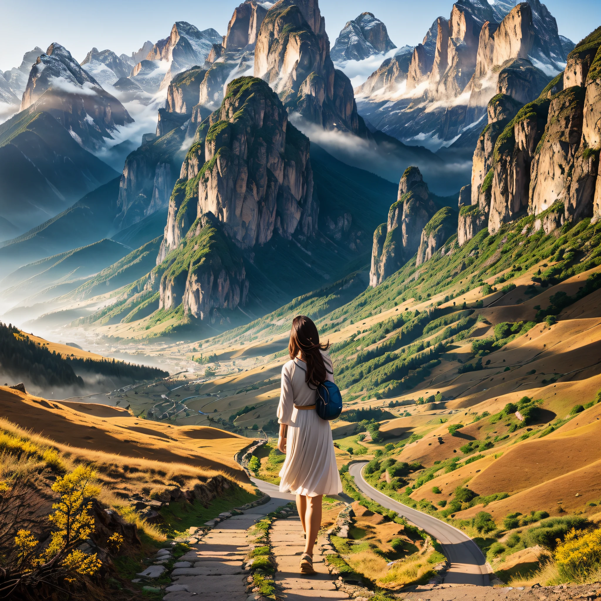 Lonely graceful figure beauty walking on the road, can see the valley below, breathtaking scenery, beautiful light landscape, amazing scenery, epic amazing atmosphere, sun illuminating the mountains, amazing atmosphere, magical scenery, golden morning light, Yang Bolun, Jisheng, beautiful backlight, Liang Kai, amazing scenery, fantastic scenery, heavenly scenery --auto --s2