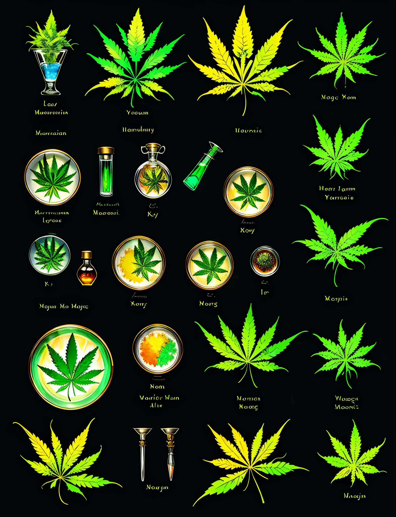 Hemp, leaf, marijuana, cannabis cone, ((illustration)), colorful, wallpaper, energy, secret, magical environment, magical environment, magic wand, books, pages flying in the sky, omniscience, predicting the future, understanding the past, frost magic, potion, flasks, laboratory, magic, smoke, warlock, magic circle, pentagram, spells, chant magic, long hair, --v 6