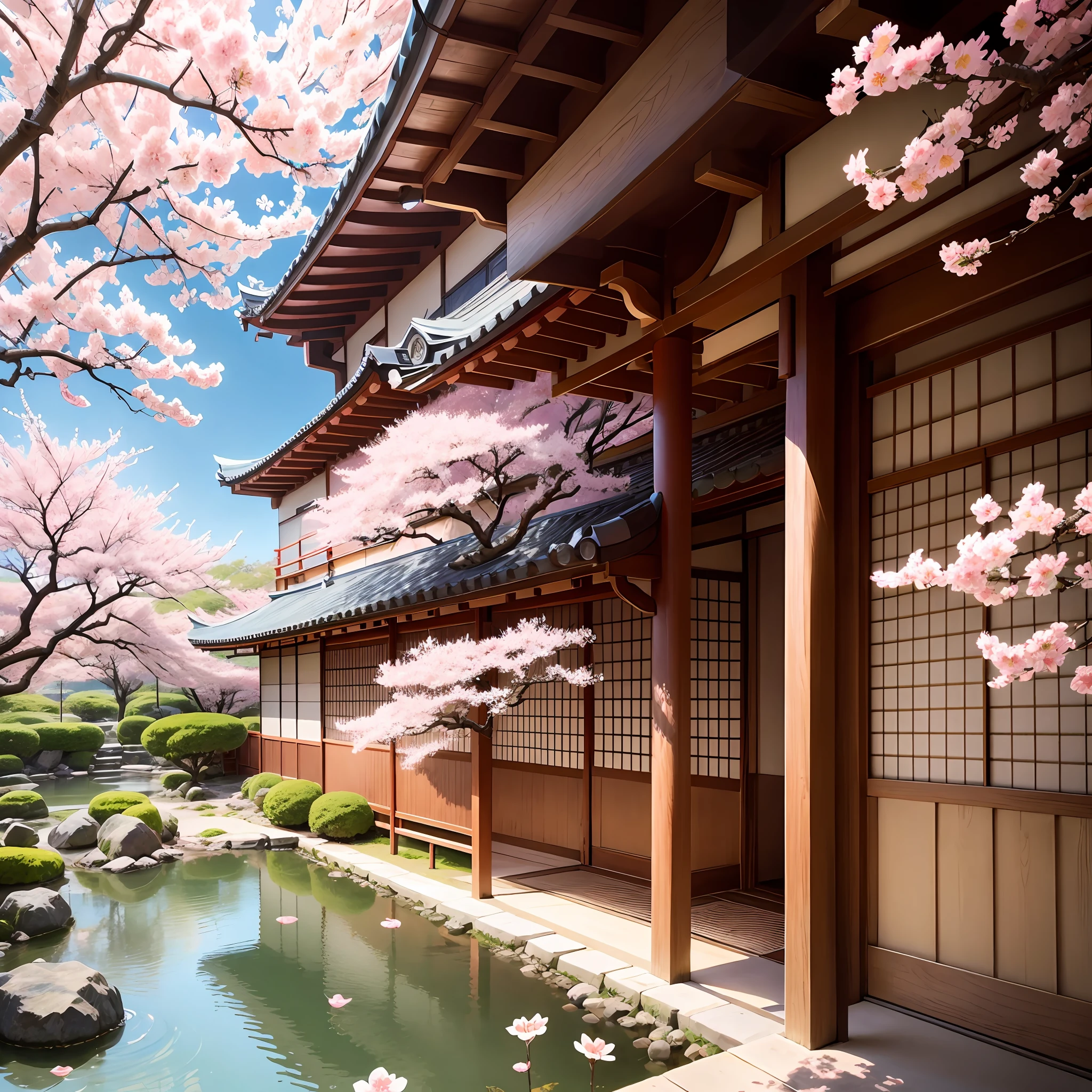 Print, Japanese garden, manga, colorful, sakura, frame, ancient Japan with sakura flowers falling on clear and sunny day with Japanese girl in kimono.