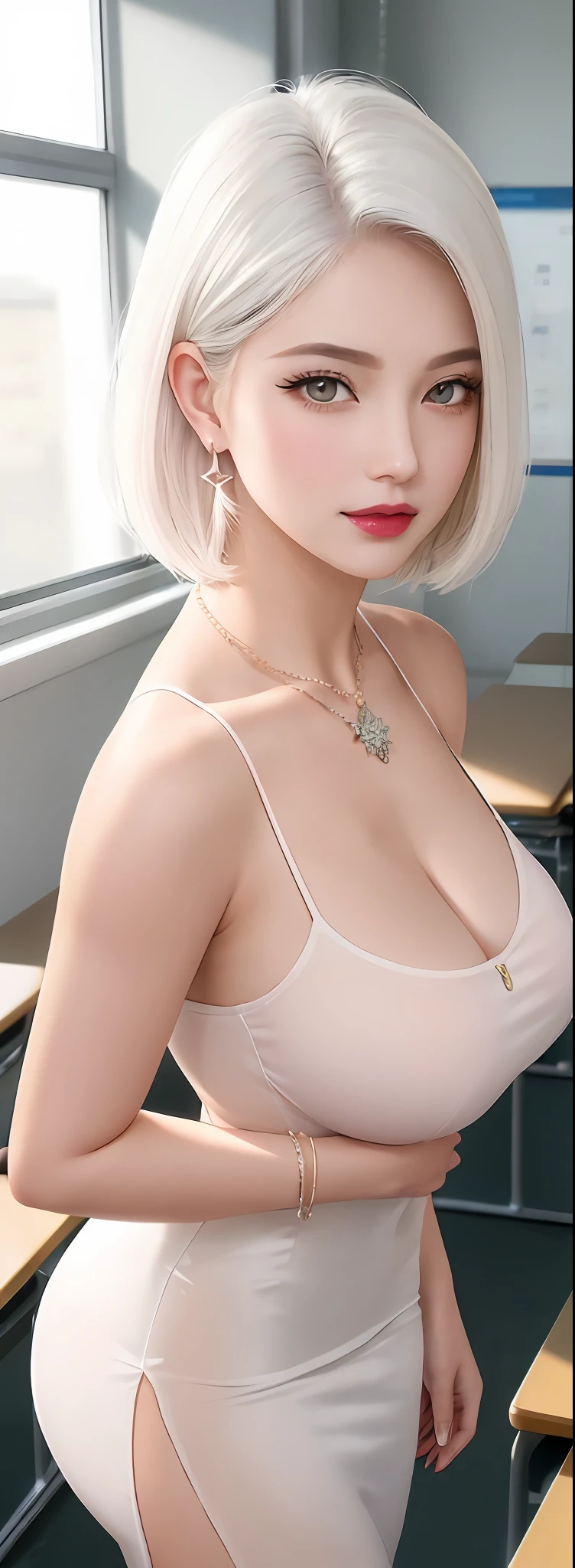 Female teacher standing in the classroom v6, necklace, earrings, full body, short white hair, translucent clothes v6, visible, superb, ultra-high-definition, RAW photo, realism: 1.25), (bright lip gloss, long eyelashes, smooth face , bright skin, natural shadows, wide light, wide light, depth of field, strong colors, subtle caustics: 0.8), smile, (big tits), v6