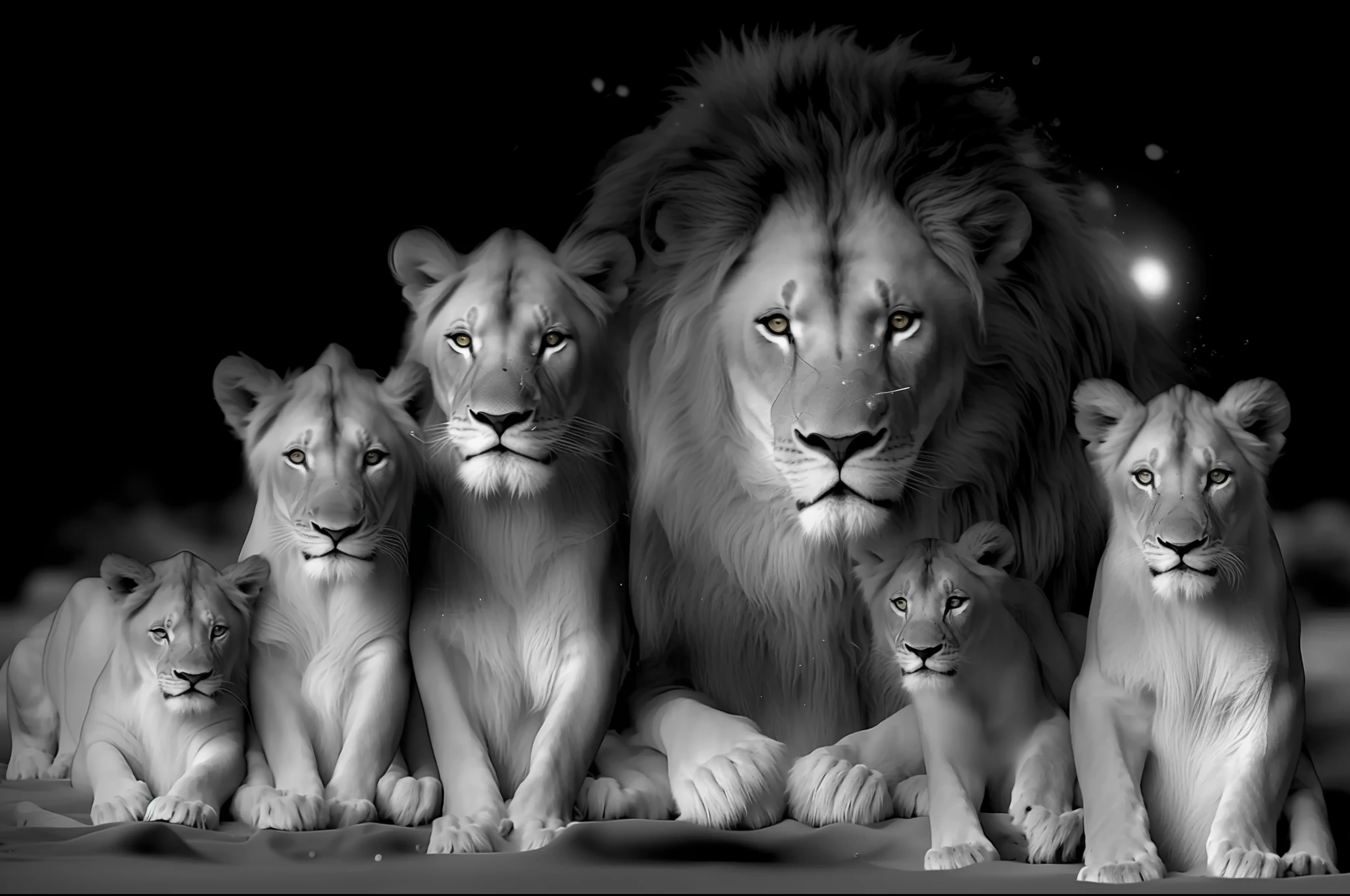 High-contrast black and white photography with bright white lighting, harsh shadows, of a realistic family of lions posing for the photo. (((Realistic hairs))), observant eye, intricate details, ((black background))) sand floor. Realistic details, UHD,