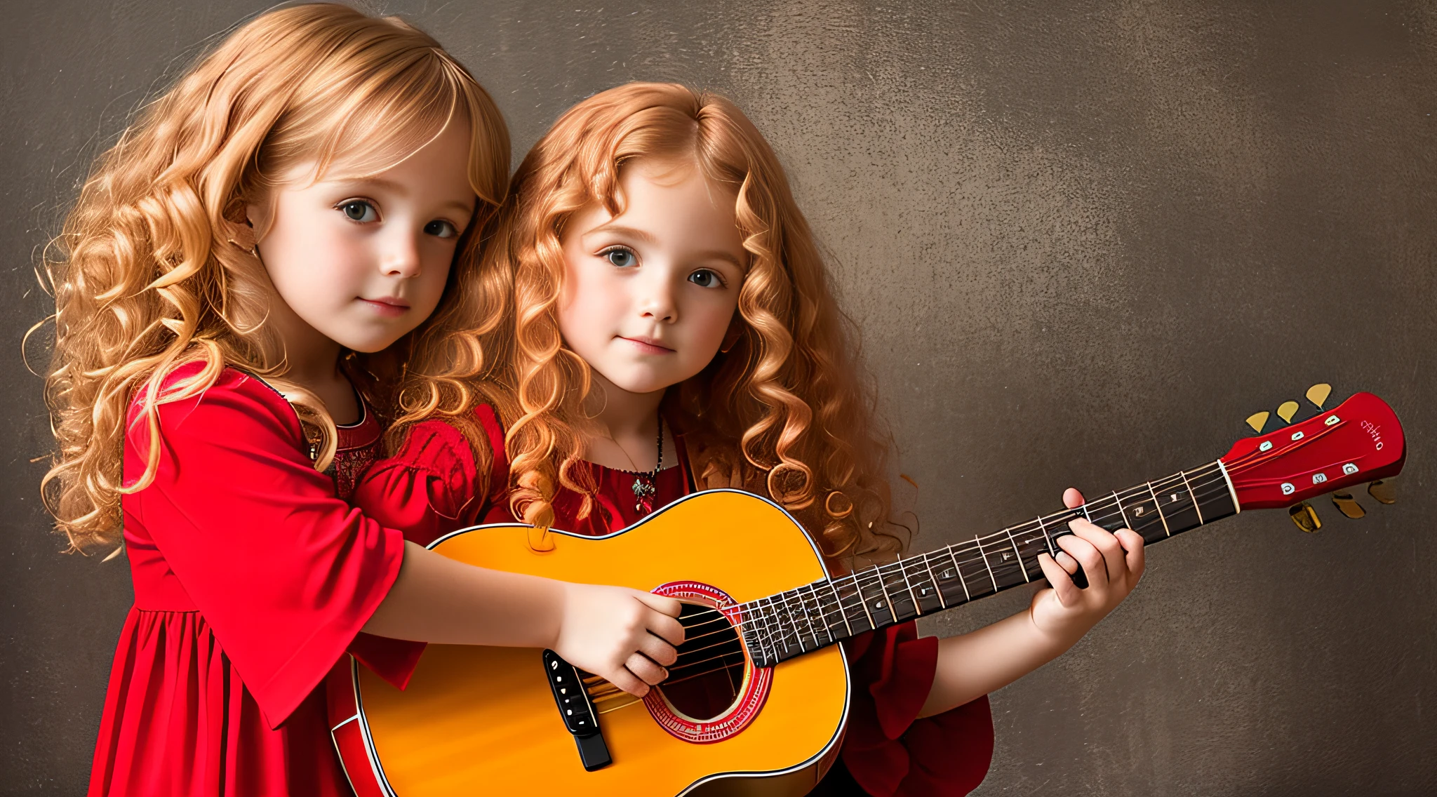 CHILD girl with BIG BLONDE hair holding a guitar and a red glass, elegant, taken in early 2020, profile picture, profile picture, with curly red hair.