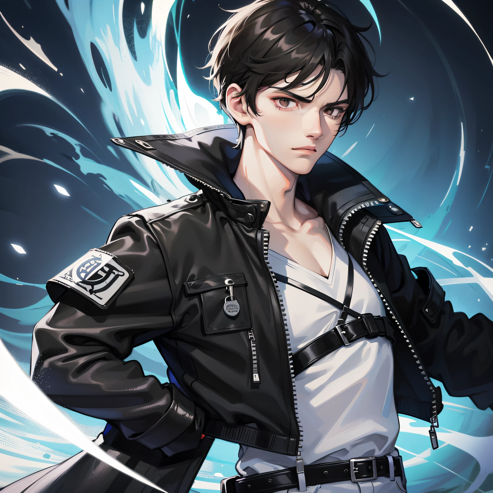 A young man with upper body, straight face, serious face, short black hair, storm jacket