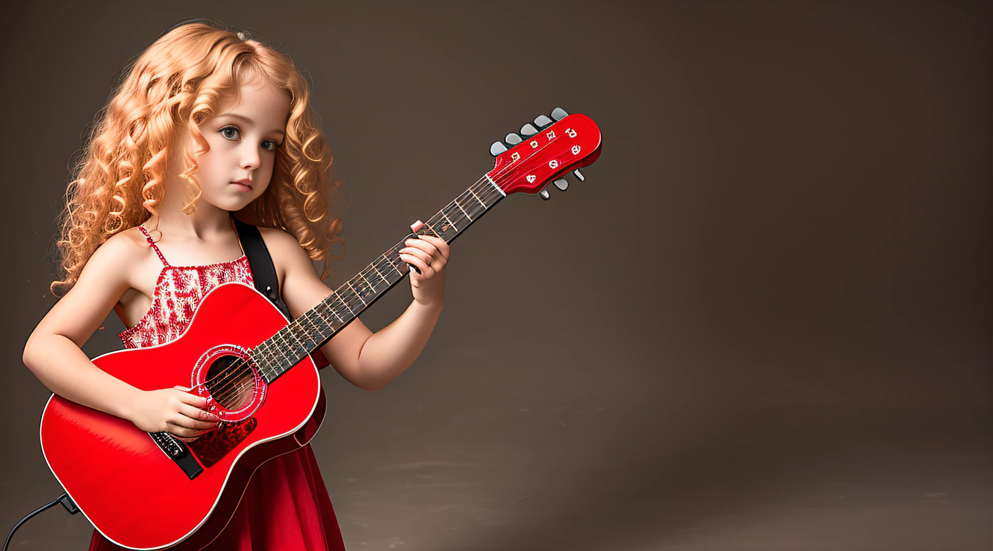 CHILD girl with BIG BLONDE hair holding a guitar and a red glass, elegant, taken in early 2020, profile picture, profile picture, with curly red hair.