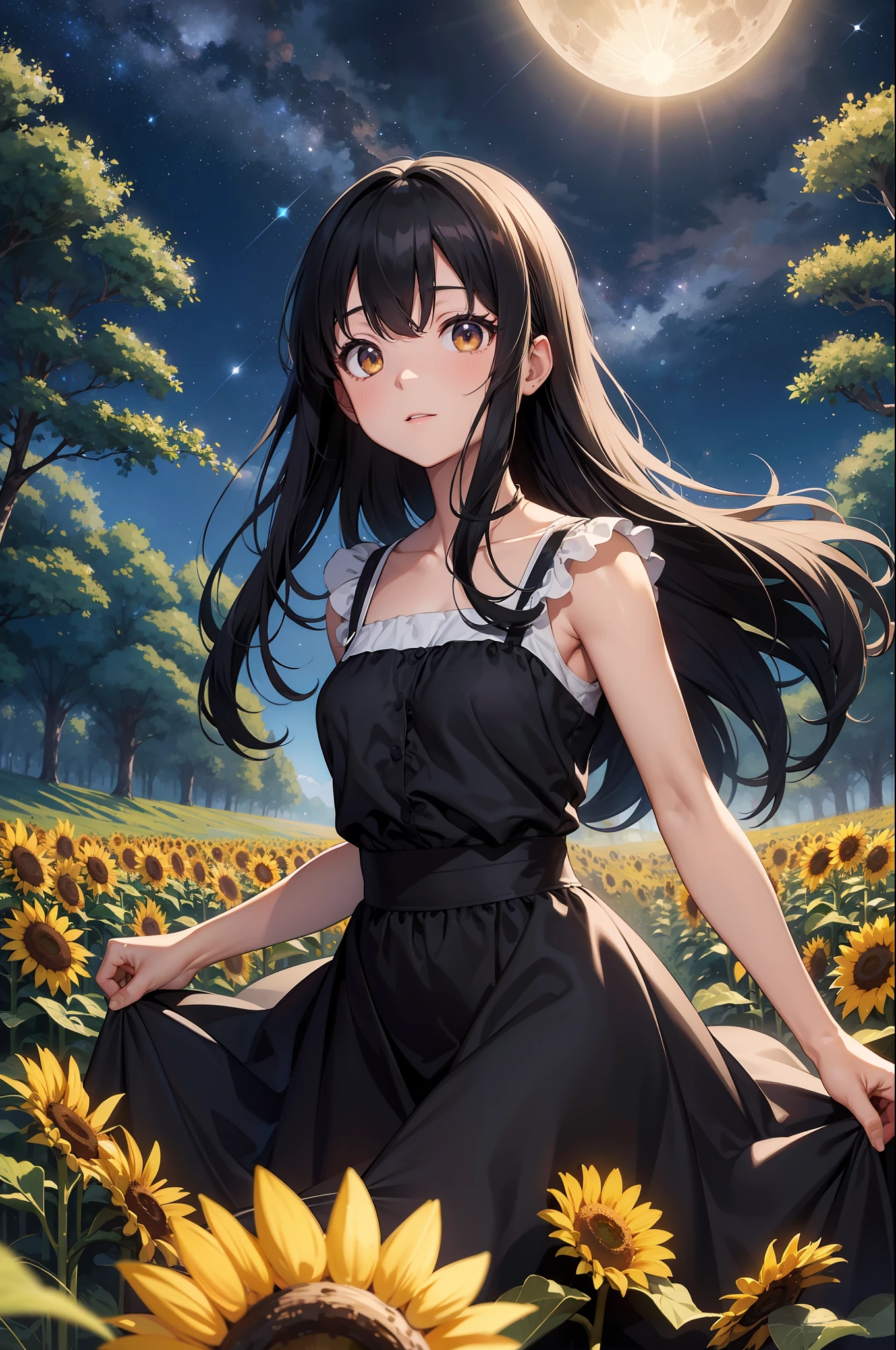 Best Quality Original Character, Upper Body, Volume Lighting, Long Black Hair, Sunflower Field, Summer Dress, Ghibli Style, Moonlight, Starry Sky, Forest