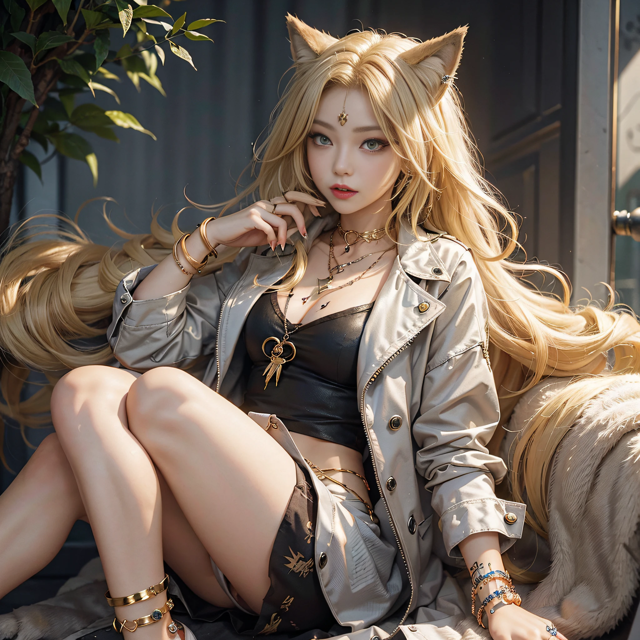 Wolf girl, blonde hair, wolf tail, wolf ears, necklace, anklet, tattoo, young, trench coat, golden eyes, fangs, bracelet, park
