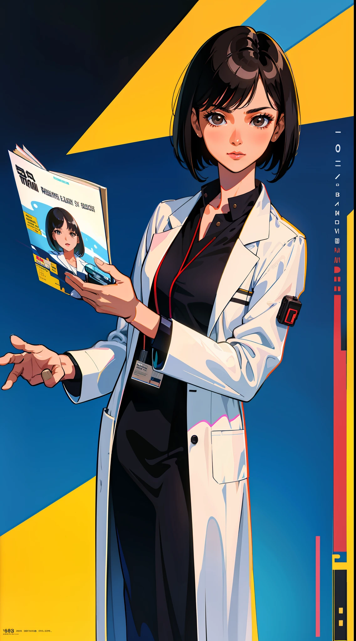 Science fiction, medical uniform, lab coat, 1984 movie reference, 80s, rebel story, 30 woman, adult, brown eyes, asian yellow skin, Bob's short black hair, dress, medical uniform, 1980s inspiration, realistic face resolution, reality, object resolution, lab coat, cyberpunk, magazine cover
