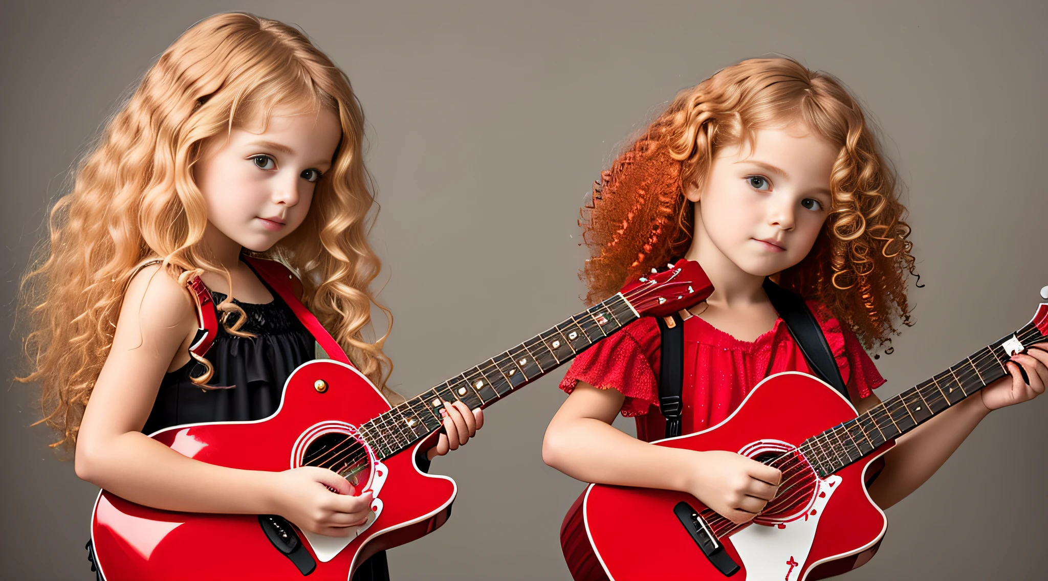CHILD girl with BIG BLONDE hair holding a guitar and a red glass, elegant, taken in early 2020, profile picture, profile picture, with curly red hair.