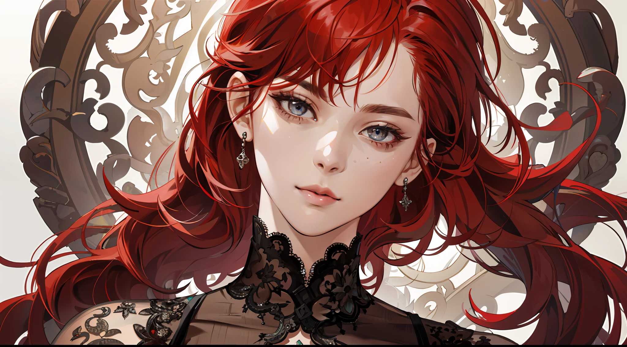 (absurd, highres, ultra detailed), 1girl, mature woman, intricate details, enlarged textures, intricate details, finely detailed eyes and detailed face, intricate details, red hair, (closed mouth),
