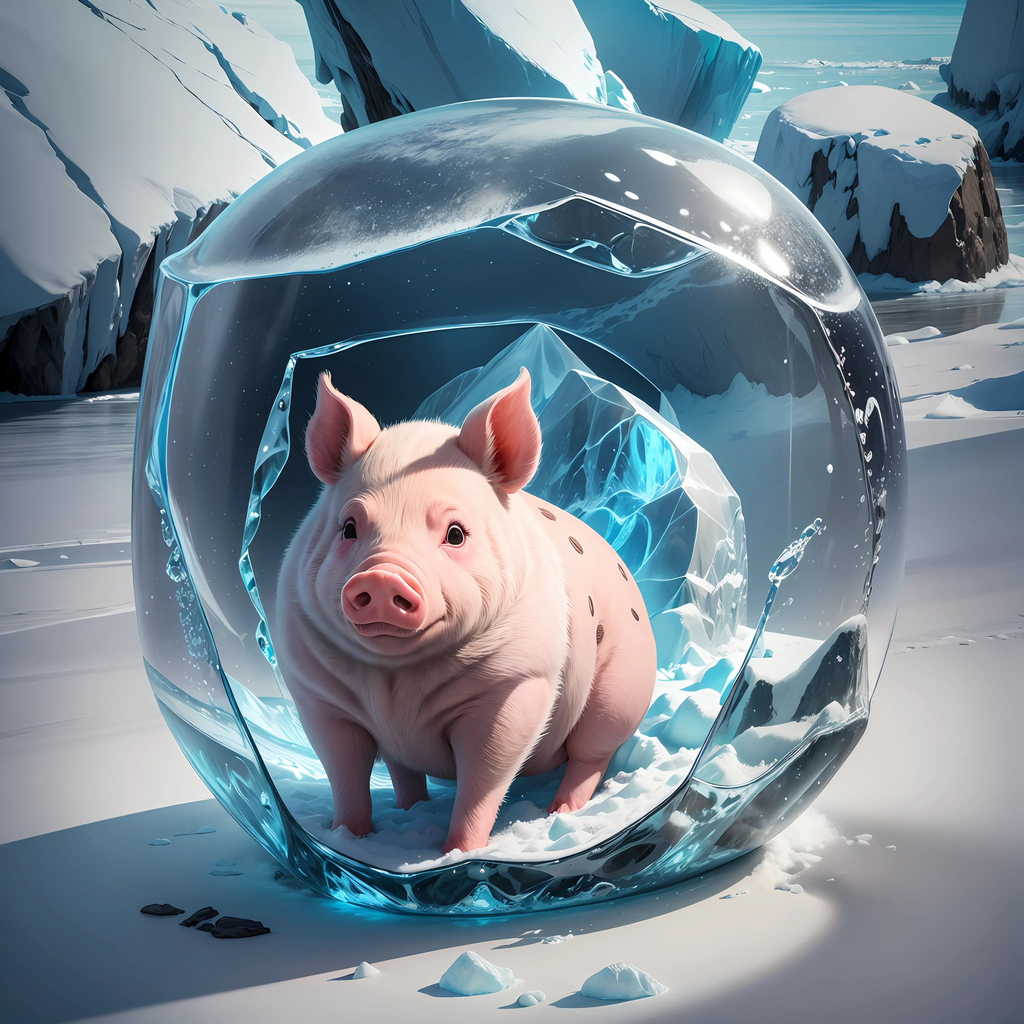 I need an image where there's a pig frozen inside an ice rock in Antarctica --auto --s2
