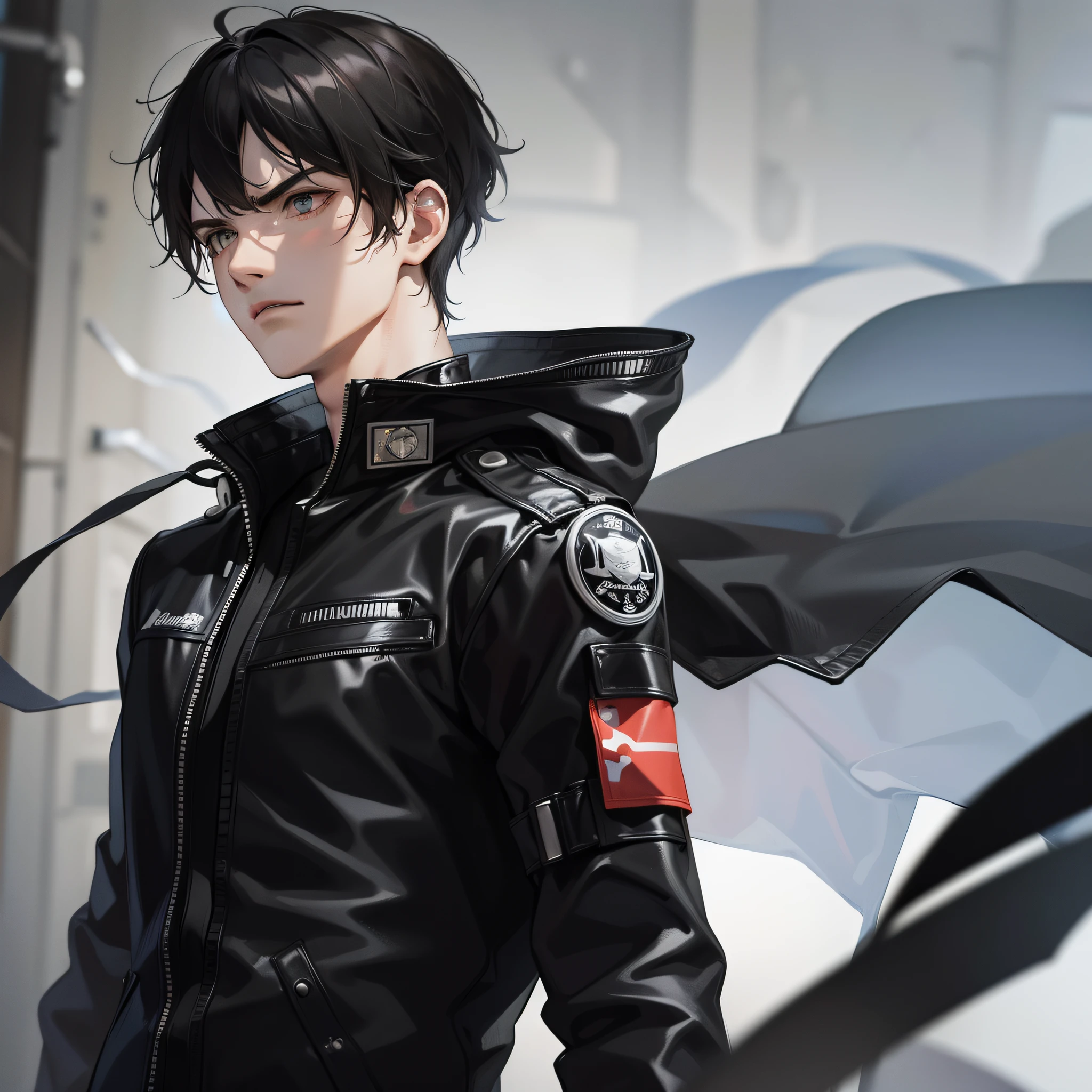 A young man with upper body, straight face, serious face, short black hair, black storm jacket