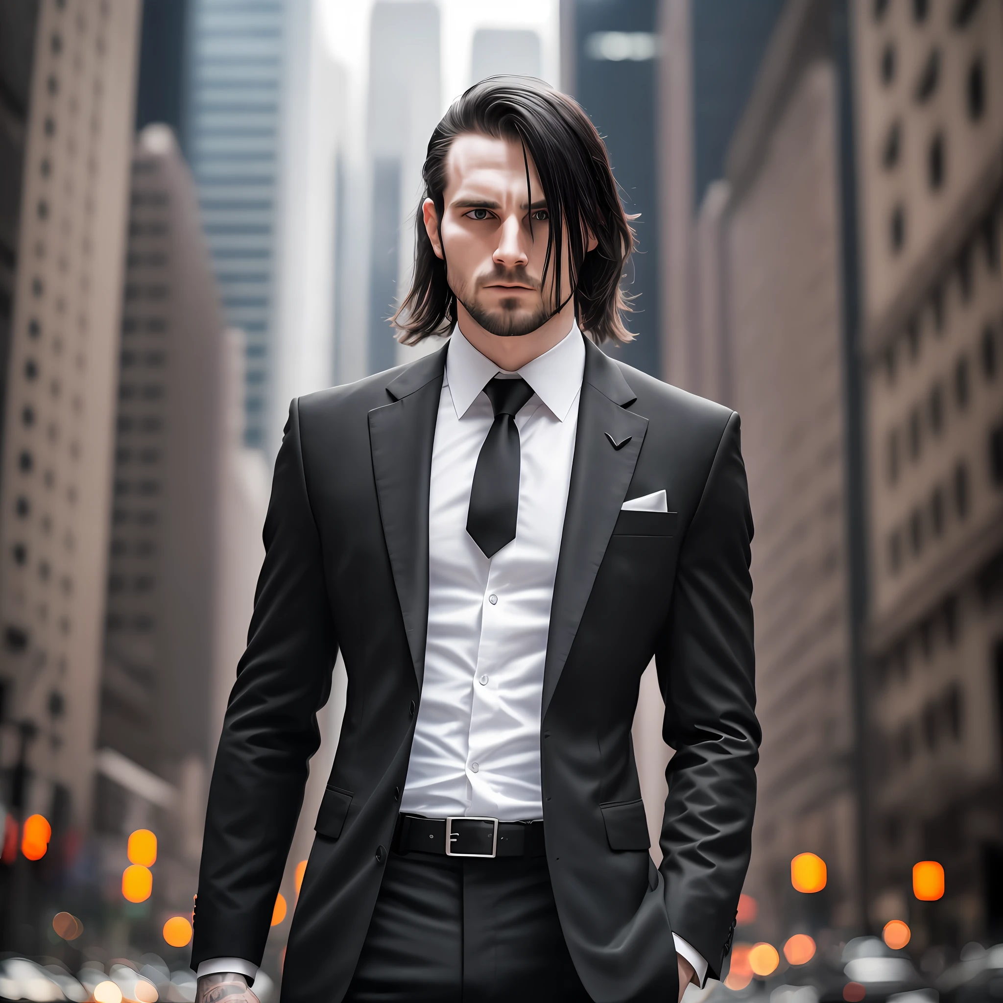 30 year old brutal man in black social suit clothes,scars, long haircut, pale skin, athletic body, new york background (highly detailed skin: 1.2), 8k uhd, dslr, soft lighting, high quality, film grain, Fujifilm XT3 --auto --s2