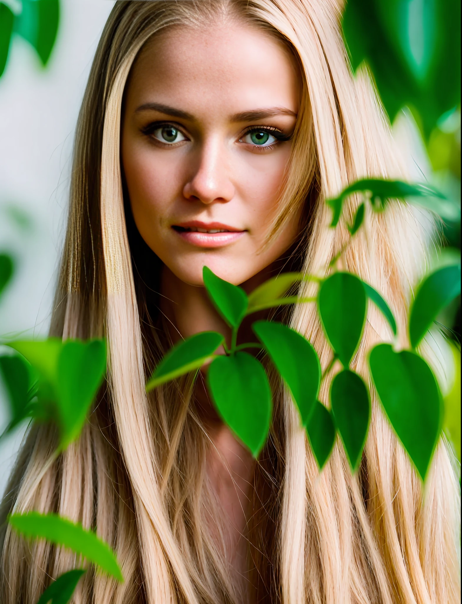 a close up of a woman with long blonde hair and a green plant, extremely beautiful face, perfect face ), gorgeous attractive face, attractive beautiful face, perfect face model, gorgeous young model, beautiful blonde girl, attractive and beautiful, beautiful model girl, ultra beautiful face, very pretty face, most beautiful woman on earth, very beautiful face, beautiful girl model
