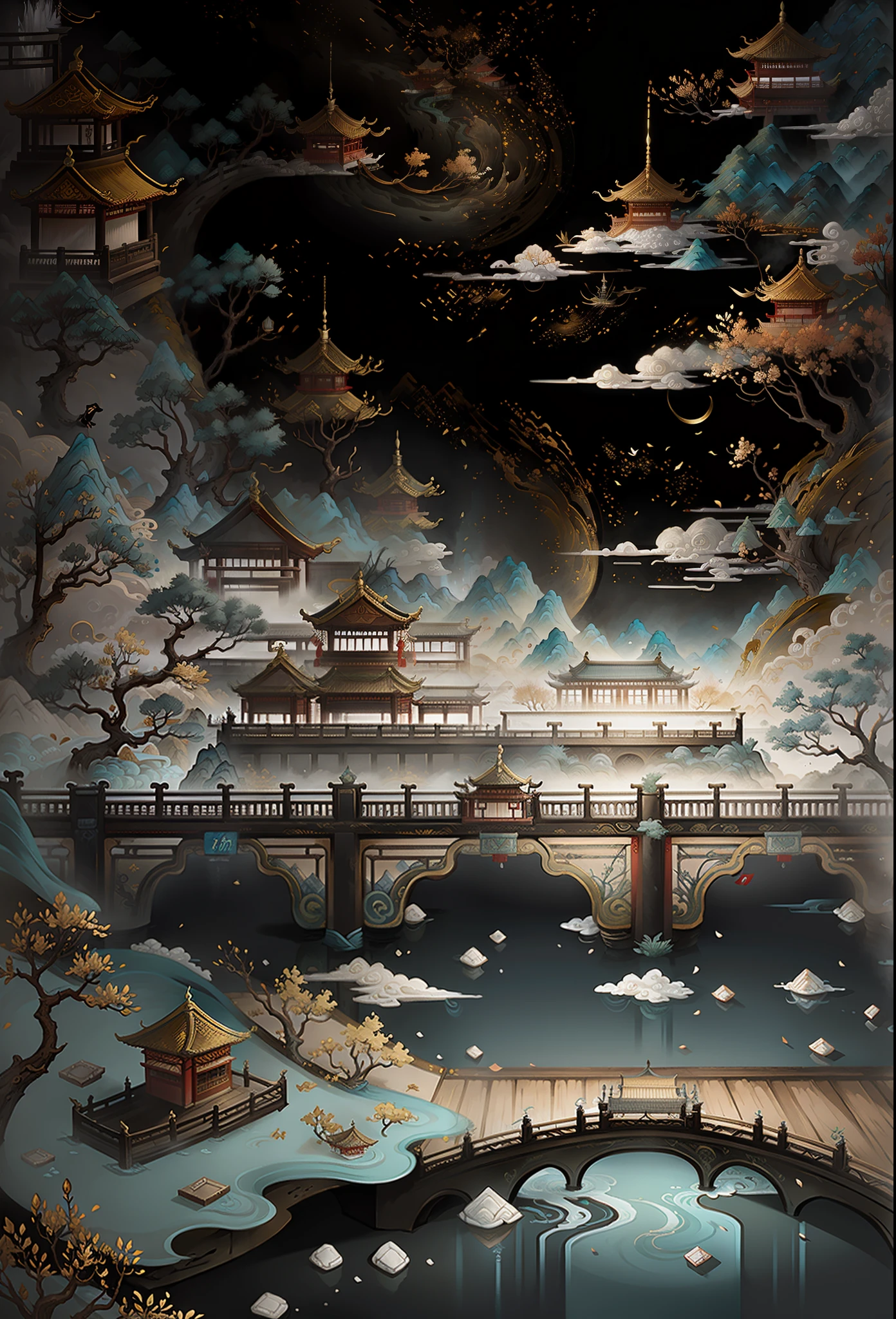 ancient chinese painting, ancient chinese background, mountains, rivers, trees, auspicious clouds, pavilions, small bridges, cyan on background, masterpiece, super detail, epic composition, ultra hd, high quality, extremely detailed, official art, unified 8k wallpaper, super detail, 32k -- v 6