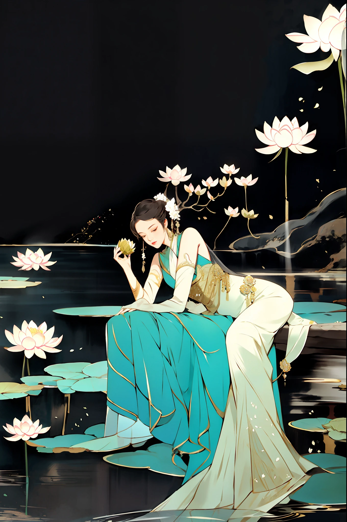 Ancient Chinese beauty sitting on stone, wearing ancient Chinese costume, flowing tulle, light silk, lazy pose, large lotus leaves, lotus flowers, ink painting style, clean colors, decisive cut, white space, freehand, masterpiece, super detailed, epic composition, high quality, highest quality, 4k, advertising cover --v 6