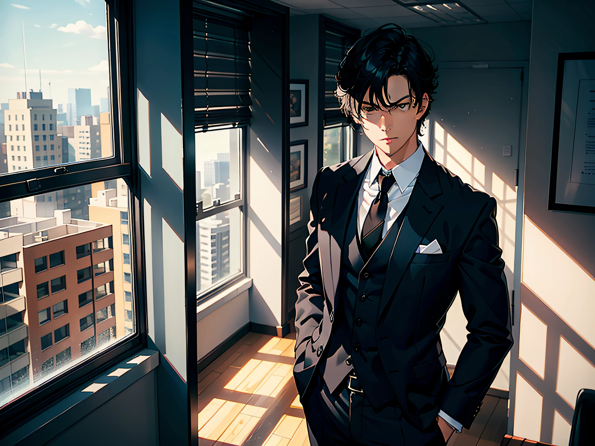 A handsome boy, standing next to the window in the office, behind a floor-to-ceiling window, with a serious face, looking straight ahead, wearing a black suit and shirt, hair is in the middle