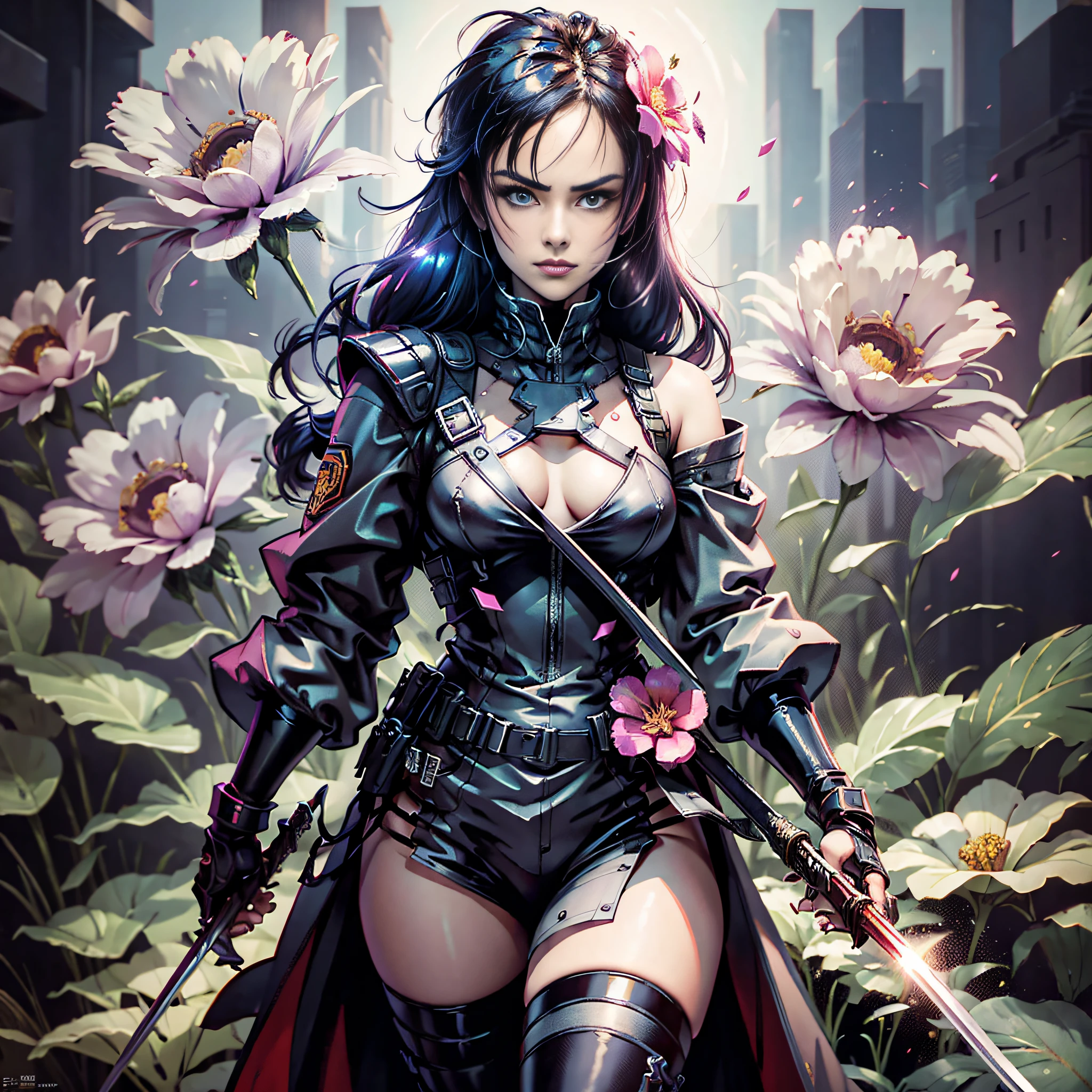 (Masterpiece, Top Quality, Best Quality, Beauty and Aesthetics: 1.2), (1 Girl: 1.1), Glowing Eyes, Extreme Details, (Color: 1.1), (Color Background 1:1), (#ff311f: 1.5), (#f08432: 1.2), Supreme Detail, Weapon, Gripping Weapon, Sword, Knife, (Glowing Weapon), Detailed Background, Fire: 1.2, Flowers: 1.2, Masterpiece, 8K
