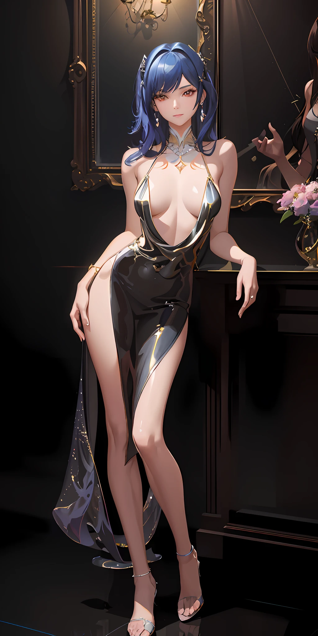 there is a woman in a shiny dress posing in front of a mirror, elegant cinematic pose, tracer in a skintight dress, trending on cgstation, fully clothed. painting of sexy, full body xianxia, wlop glossy skin, succubus in tight short dress, beautiful alluring anime woman, royal elegant pose