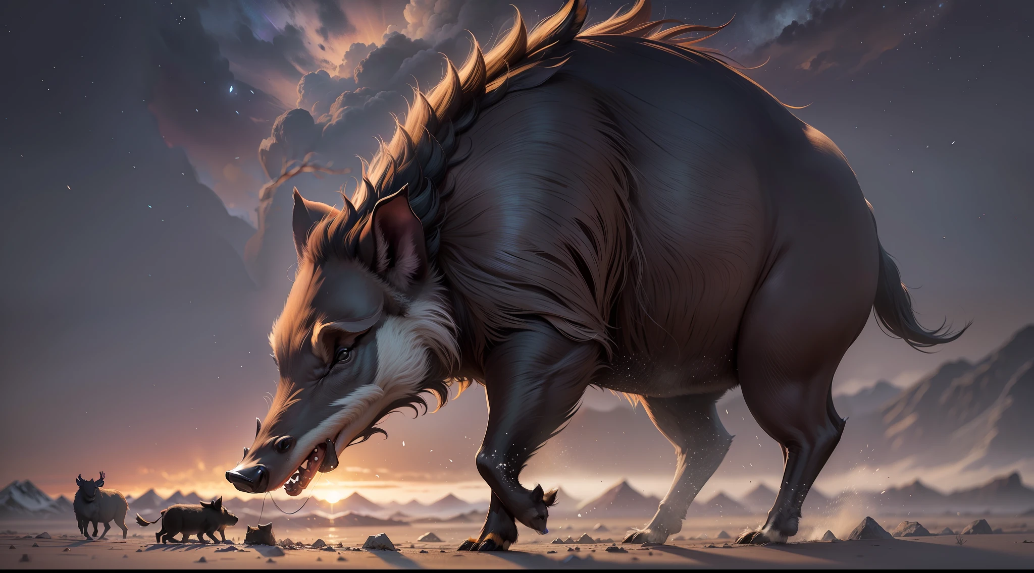 Wild boar wildlife photography logo, best quality, unparalleled details, animal silhouettes, vivid, dynamic, stunning, animal depiction, exciting perspectives, incredibly detailed, stunning night shot, dark silhouettes, dramatic lighting, mystical atmosphere. --auto --s2