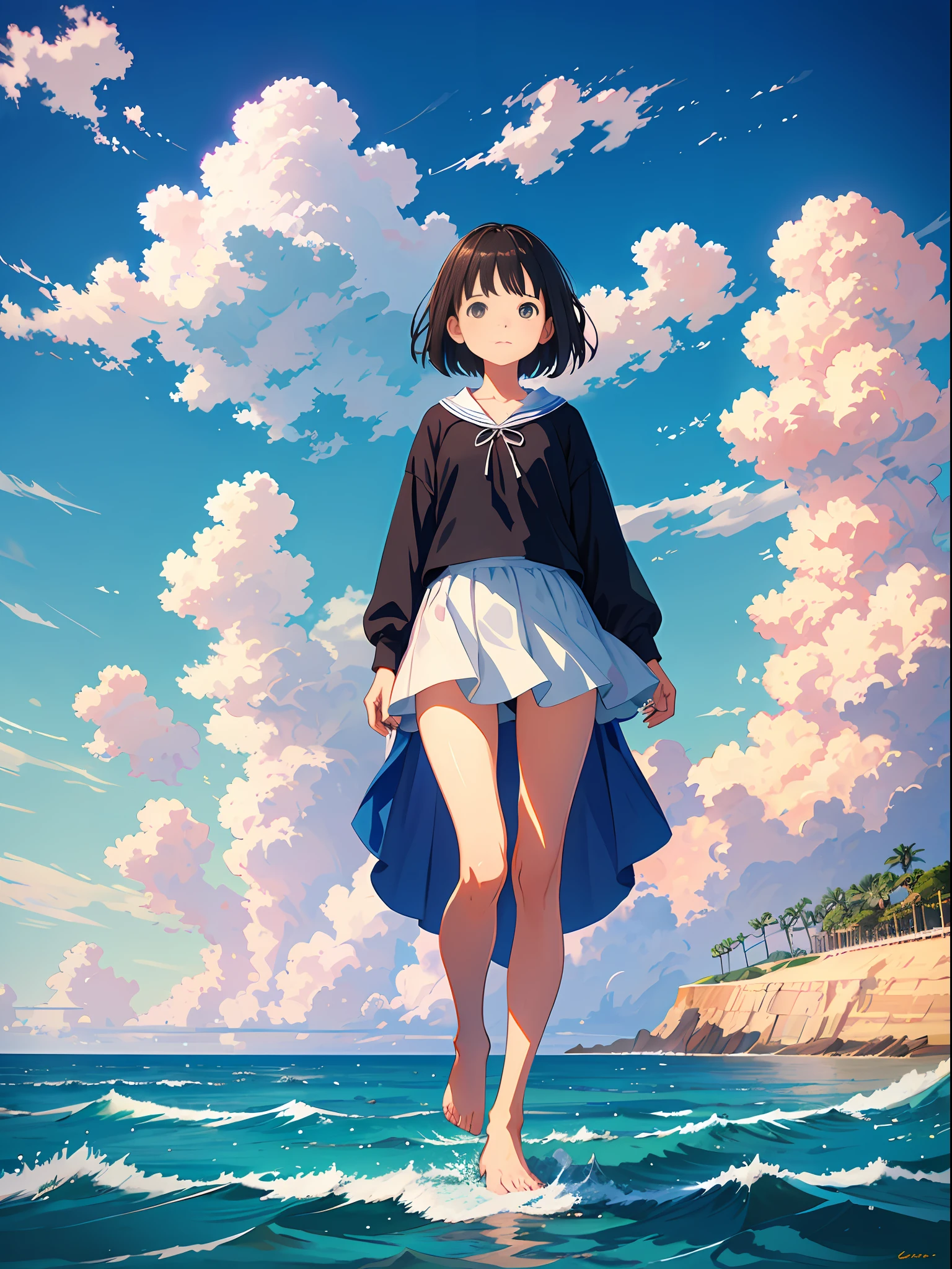 The sea, a girl standing on the beach, big clouds, blue sky, sand, sea, seaside, secluded, tourist attractions, HD detail, hyper-detail, cinematic, surrealism, soft light, deep field focus bokeh, ray tracing and surrealism, Miyazaki animation style. --v6
