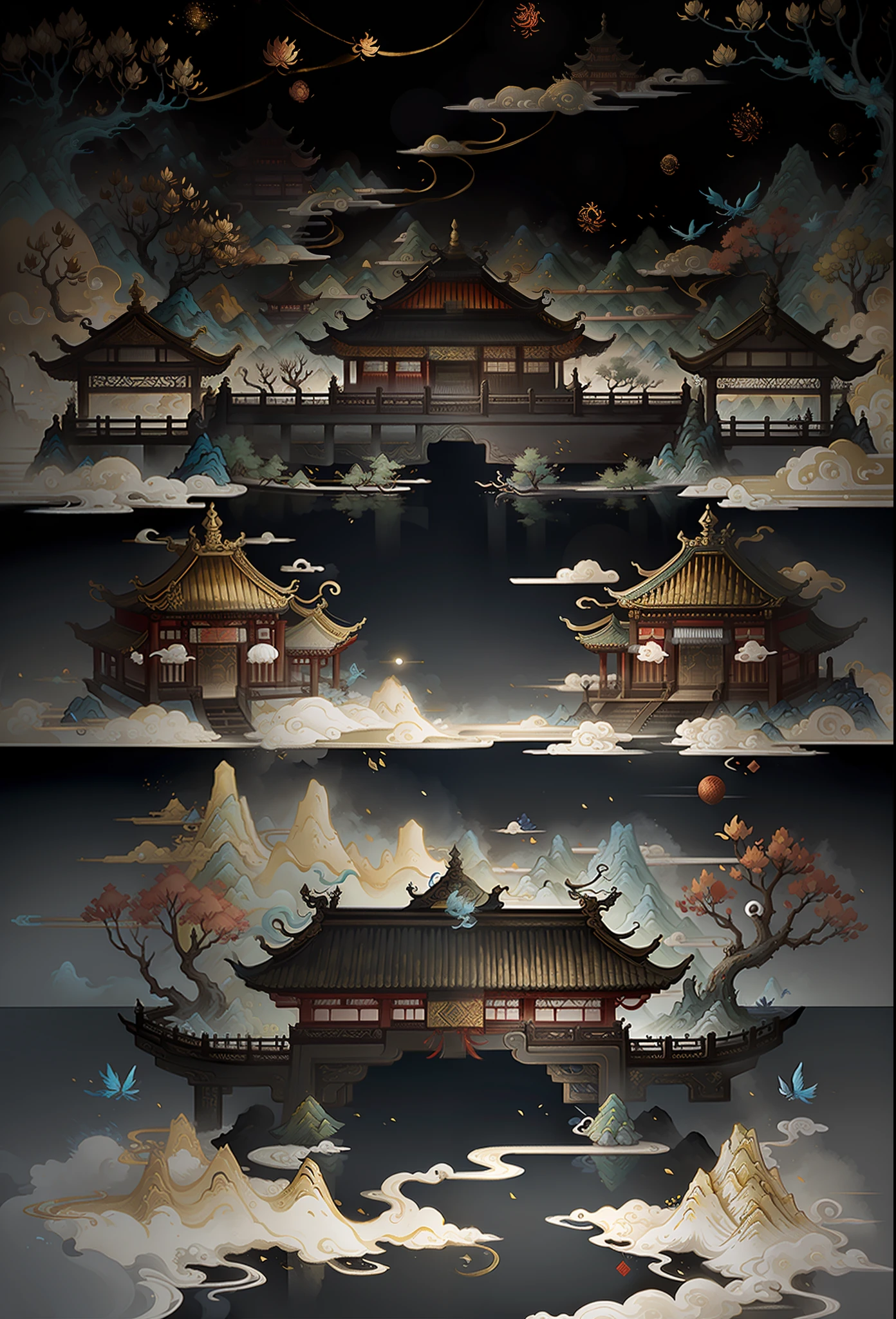 ancient chinese painting, ancient chinese background, mountains, rivers, trees, auspicious clouds, pavilions, small bridges, cyan on background, masterpiece, super detail, epic composition, ultra hd, high quality, extremely detailed, official art, unified 8k wallpaper, super detail, 32k -- v 6