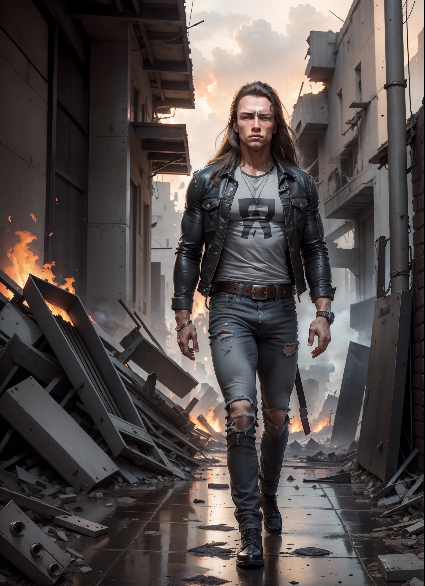 young Arnold Schwarzenegger, long hair, jeans, long jacket, gray t-shirt,1 belt, holster, rivets, just one body, big gun in the hands, in the ruins, explosions behind, fire behind, night, front view