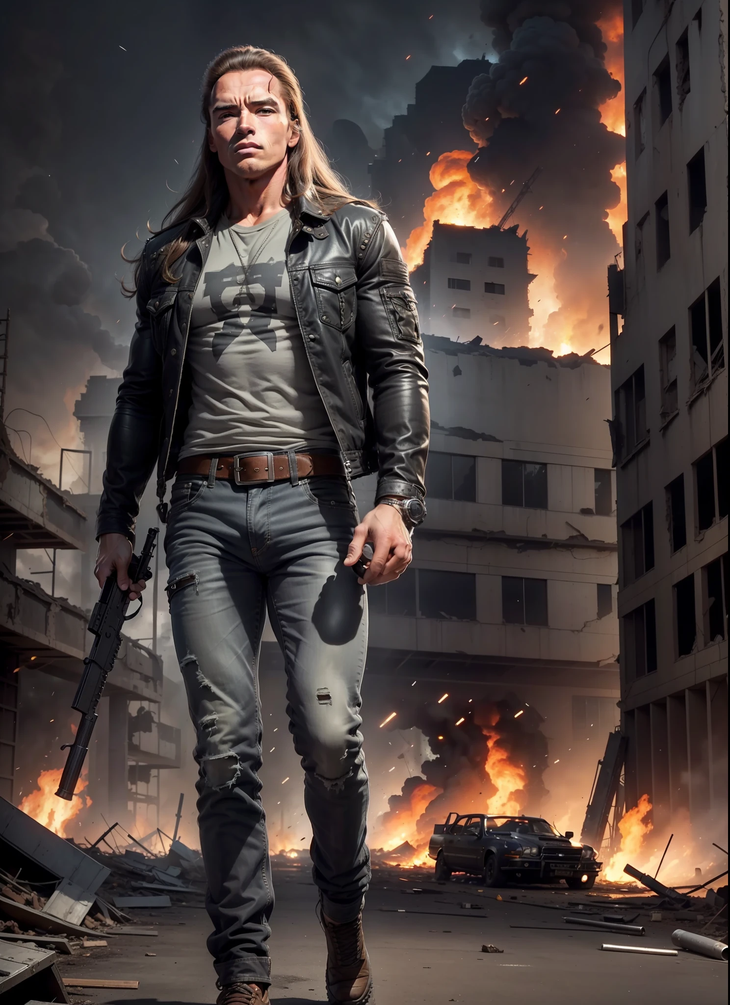 young Arnold Schwarzenegger, long hair, jeans, long jacket, gray t-shirt,1 belt, holster, rivets, just one body, big gun in the hands, in the ruins, explosions behind, fire behind, night, front view