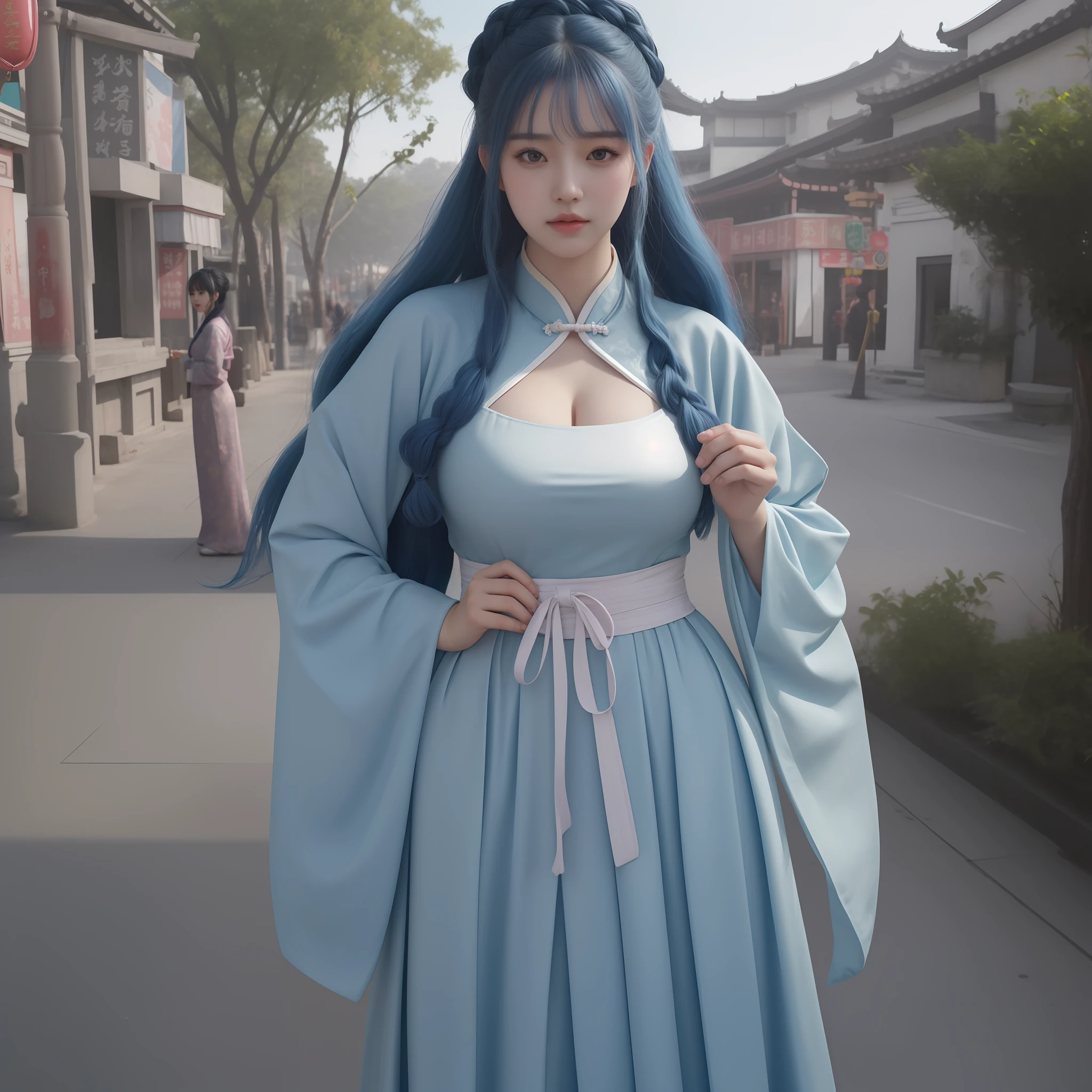 (8k, RAW photo, best quality, masterpiece:1.2), (realistic, photo-realistic:1.37), perfect face shape, high quality, high precision, professional lighting, photon mapping, raytracing, radiosity, physically-based rendering, well, 1girl, looking at viewer, braid hair, solo, upper body, blue hair, China town background, realistic, pink ancient chinese dress, big breasts, big hip, big butt, big thighs, closed mouth, cleavage, hanfu, (hanstyle, hanfu, full body:1.2), ulzzang-6500-v1.1:0.5