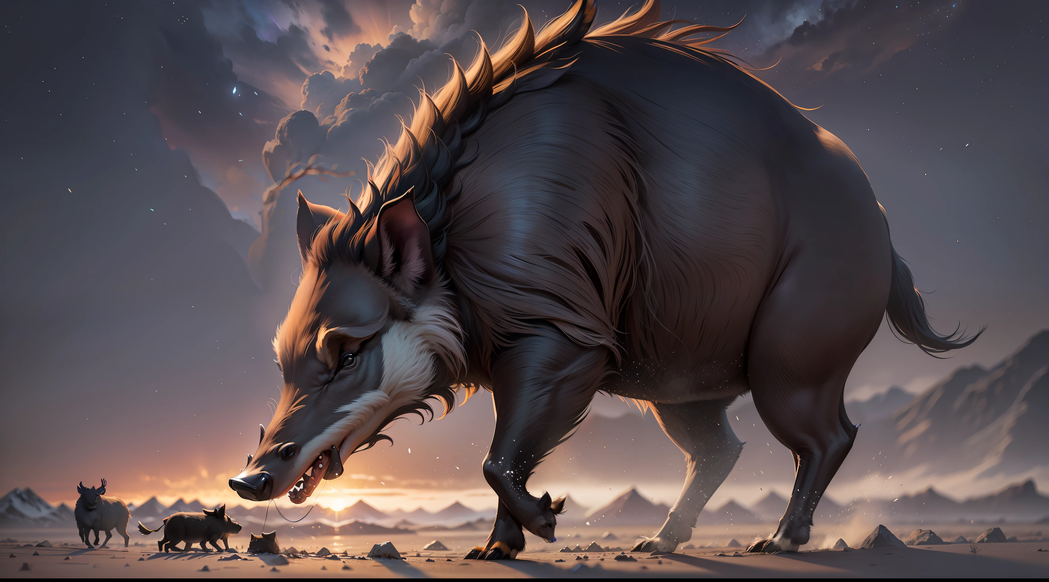 Wild boar wildlife photography logo, best quality, unparalleled details, animal silhouettes, vivid, dynamic, stunning, animal depiction, exciting perspectives, incredibly detailed, stunning night shot, dark silhouettes, dramatic lighting, mystical atmosphere. --auto --s2