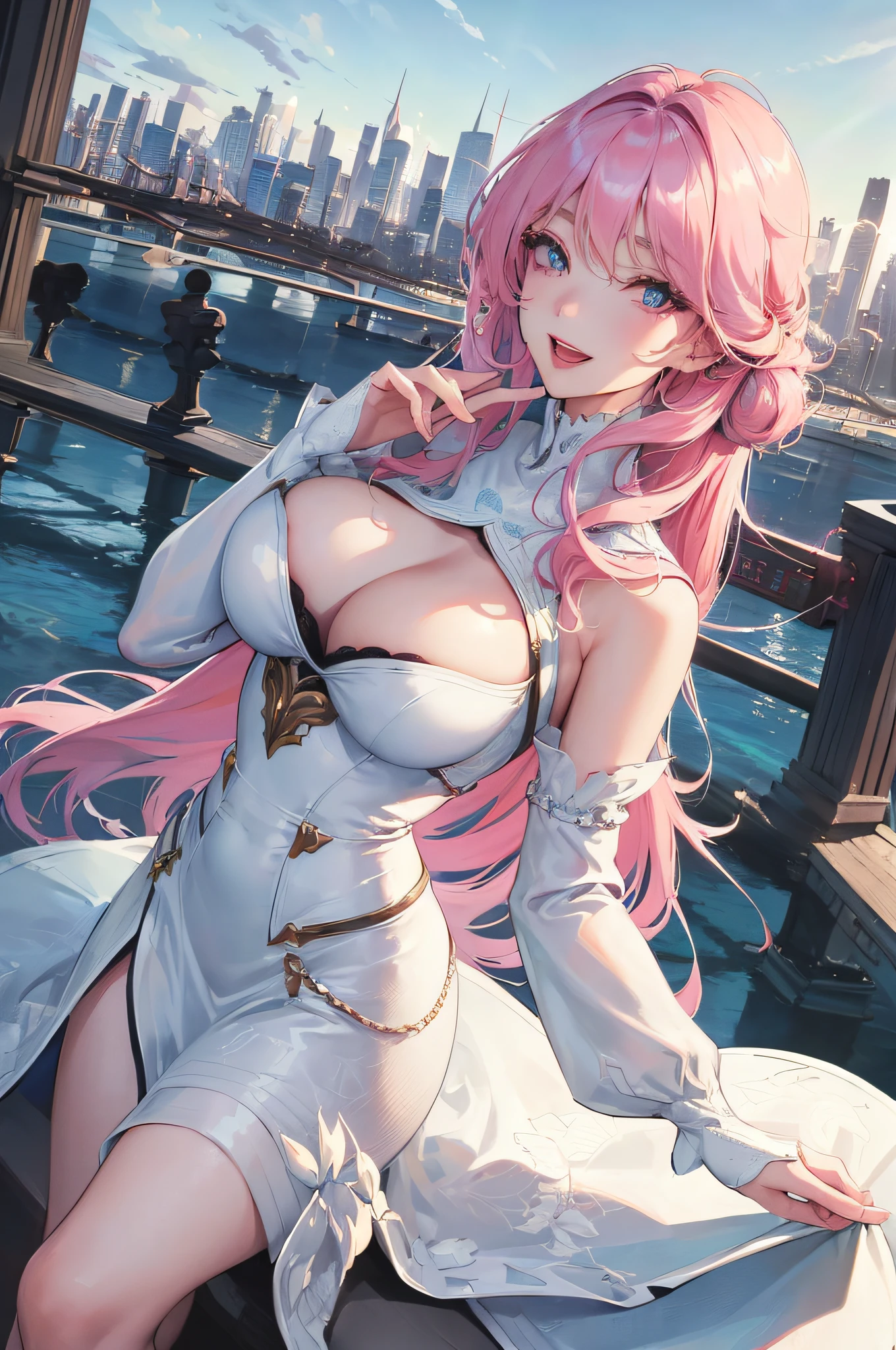 Official Art, Masterpiece, Sharp Focus, (Beautiful Gorgeous Cute Korean Woman: 1.3), (Beautiful Cute Korean: 1.3), Korean Beauty, Delicate Beautiful Hair and Eyes and Face, Realistic, Ultra Detailed, Beautiful Girl, Blue Sky, Glowing White Particles, (Sidelighting: 1.2), Sunlight, White Clouds, Delicate Clouds, Slender, Cute Big Breasts Big Buttocks, Toothy Laughing, ((Laughing with Eyes Open)), Landscape, Long Straight Hair, Sexy Facial Expressions, Architecture, ( cityscape:1.7), dynamic hair, long straight hair, fine platinum-pink hair, glowing blue eyes, epic scenery,