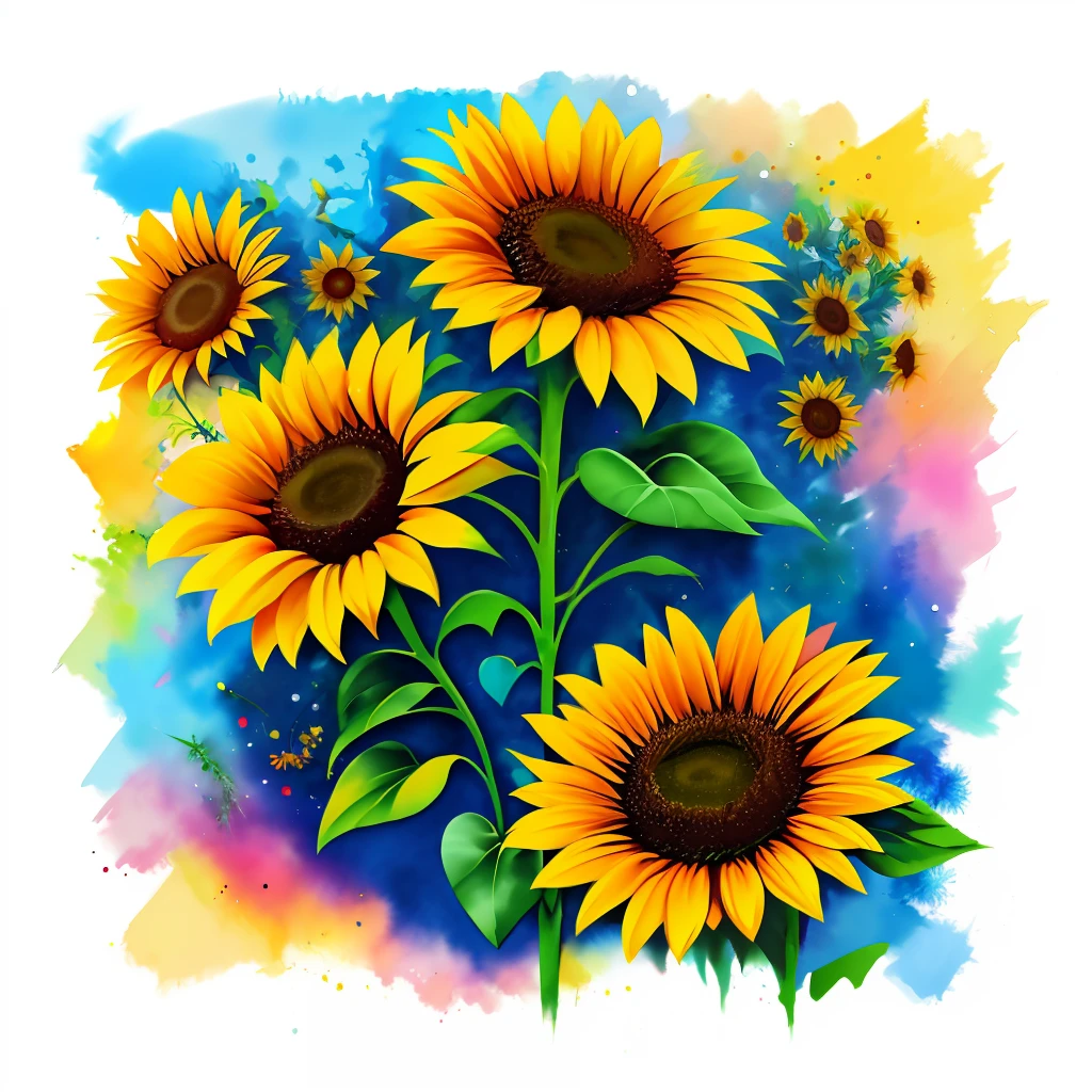 A sunflower flower in watercolor style, Design with 32k quality, inspired by T-shirt design, with watercolor style, made by DSLR Camera, full framing, centered, white background, maximum quality, maximum detail.