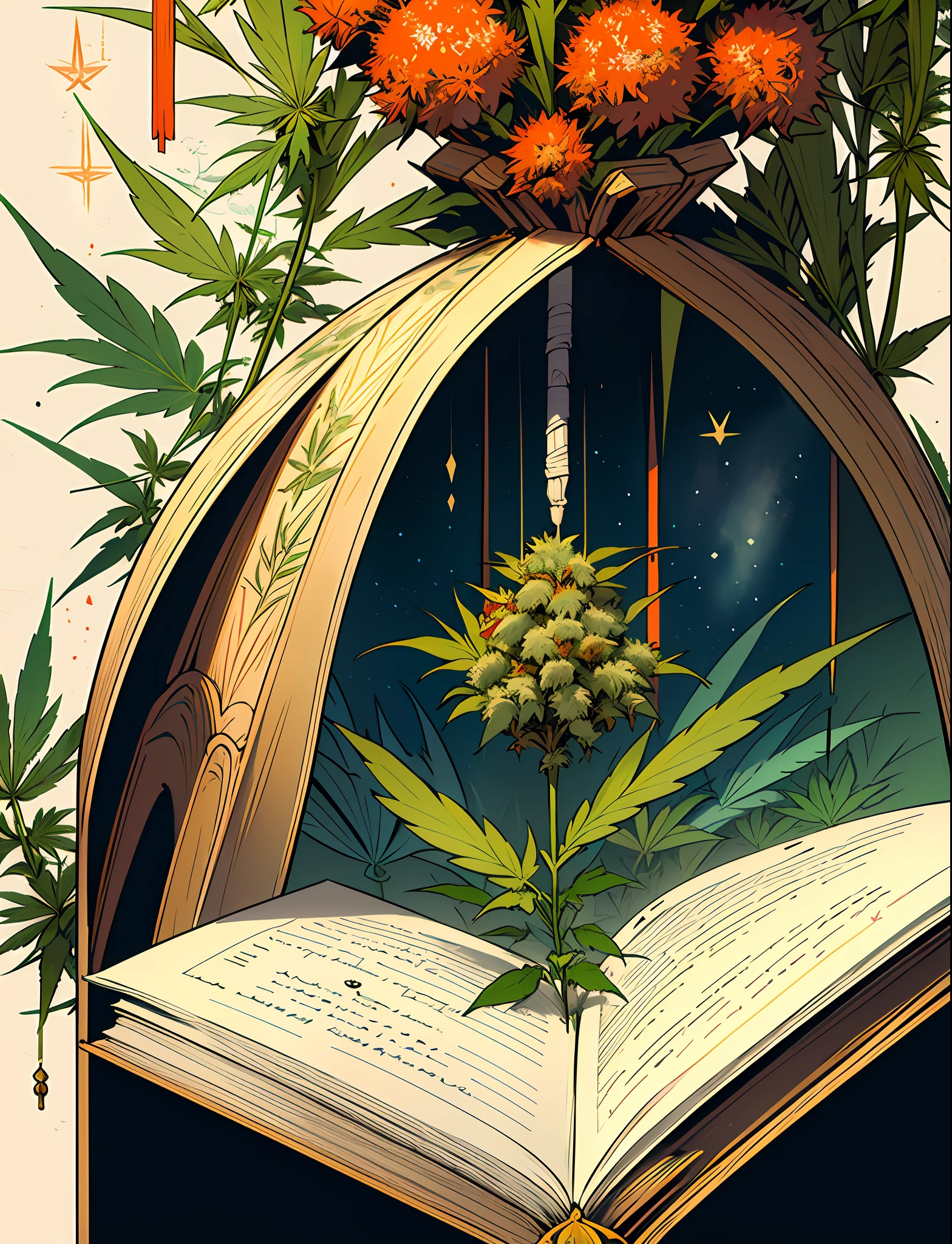 Close up closeup Hemp, leaf, marijuana, cannabis cone, ((illustration)), colorful, wallpaper, energy, secret, magical environment, magical environment, magic wand, books, pages flying in the sky, omniscience, prediction of the future, understanding the past, frost magic, spells, red hair, long hair, --v 6
